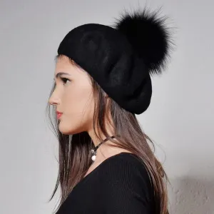 100% Wool Raccoon Fur With Detachable Pom Pom Beret