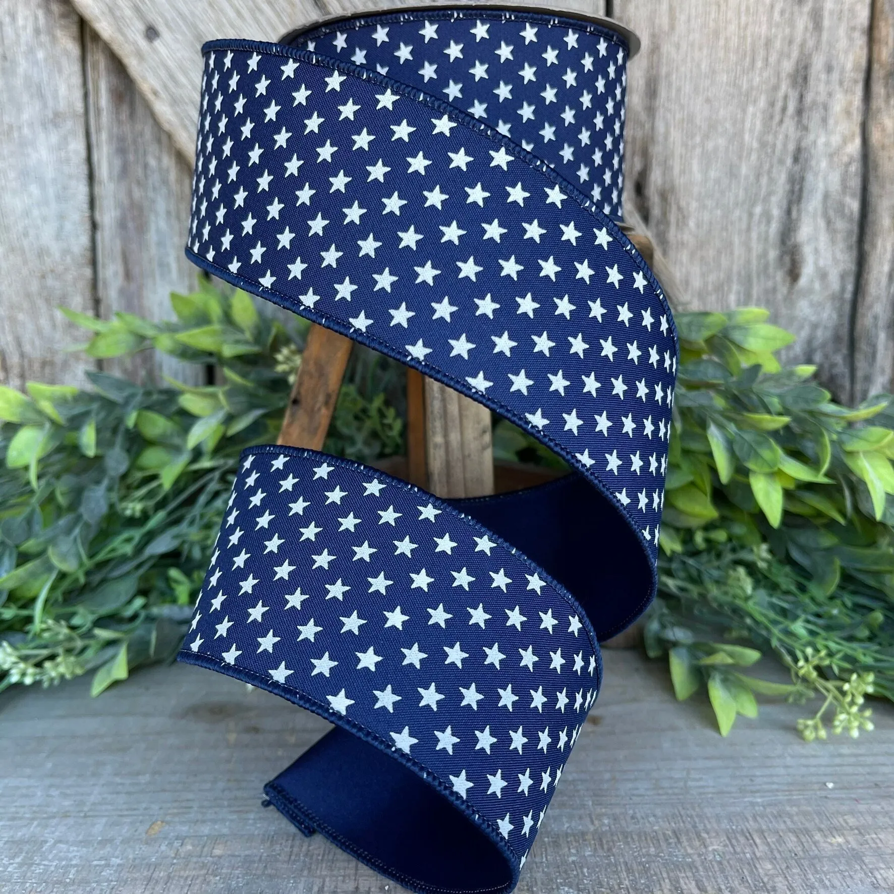 2.5" Blue Stars Wired RIbbon, Farrisilk Ribbon