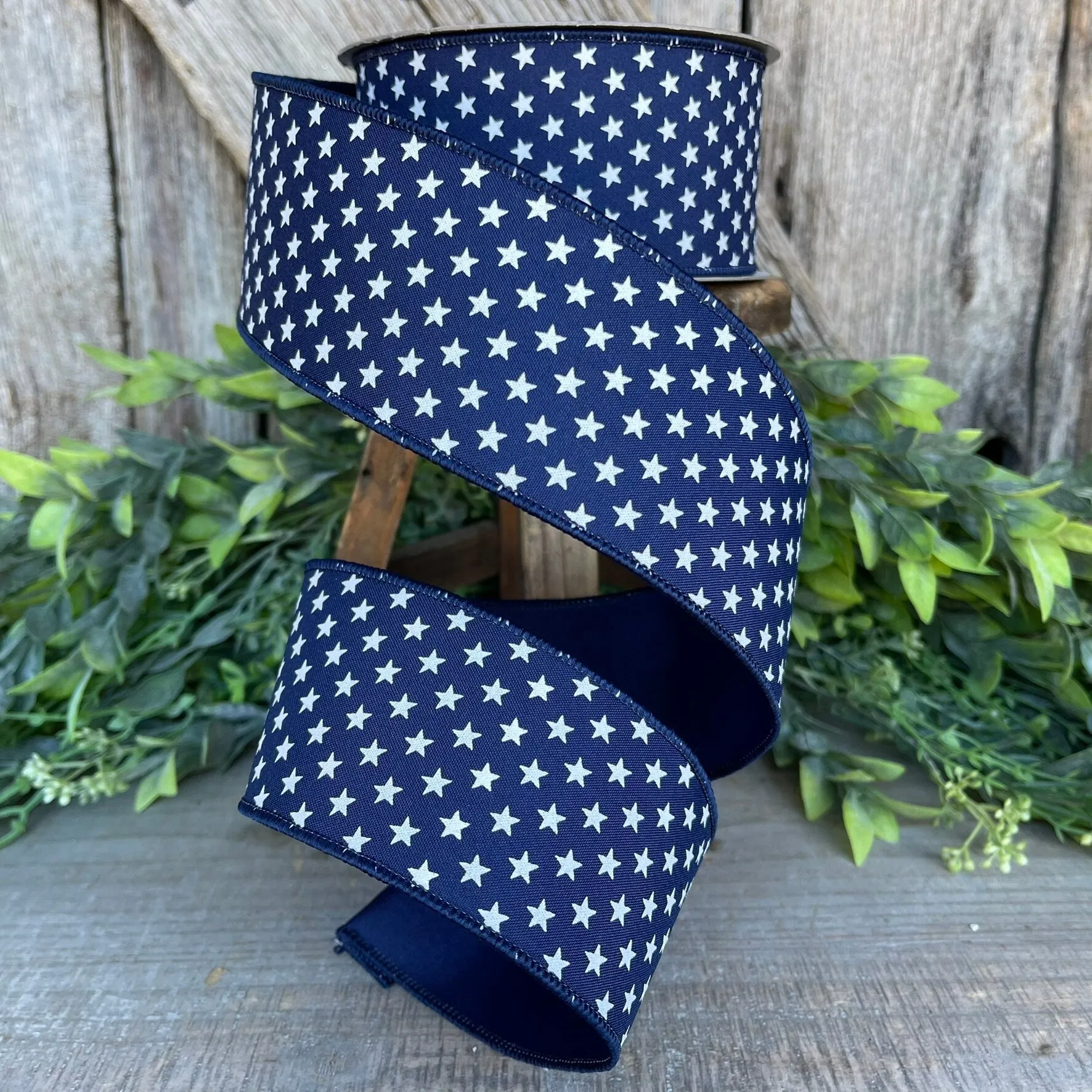 2.5" Blue Stars Wired RIbbon, Farrisilk Ribbon