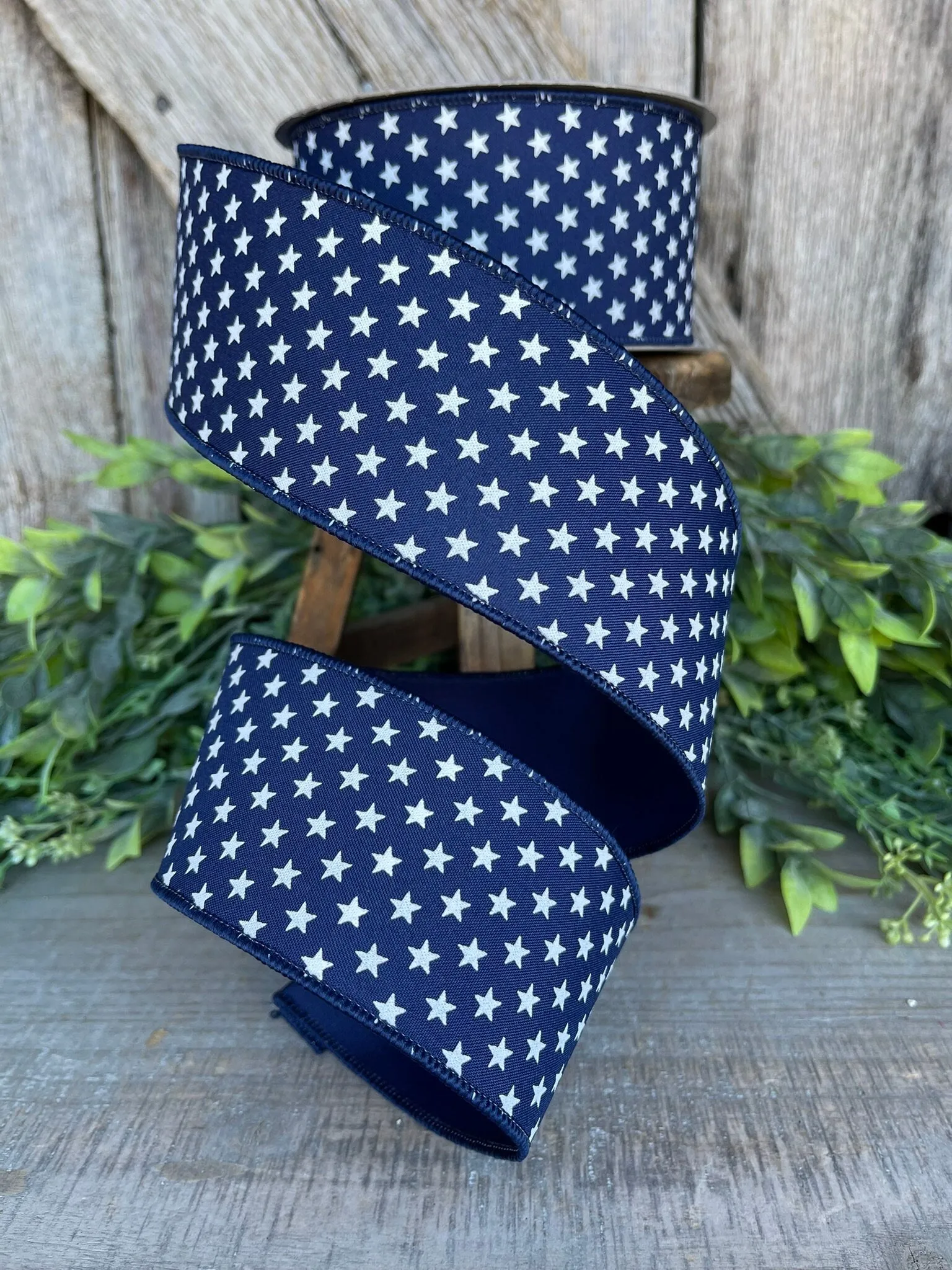 2.5" Blue Stars Wired RIbbon, Farrisilk Ribbon