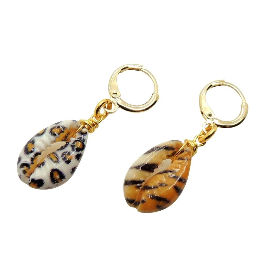 Animal Print Cowrie Shell Charm Huggie Earring