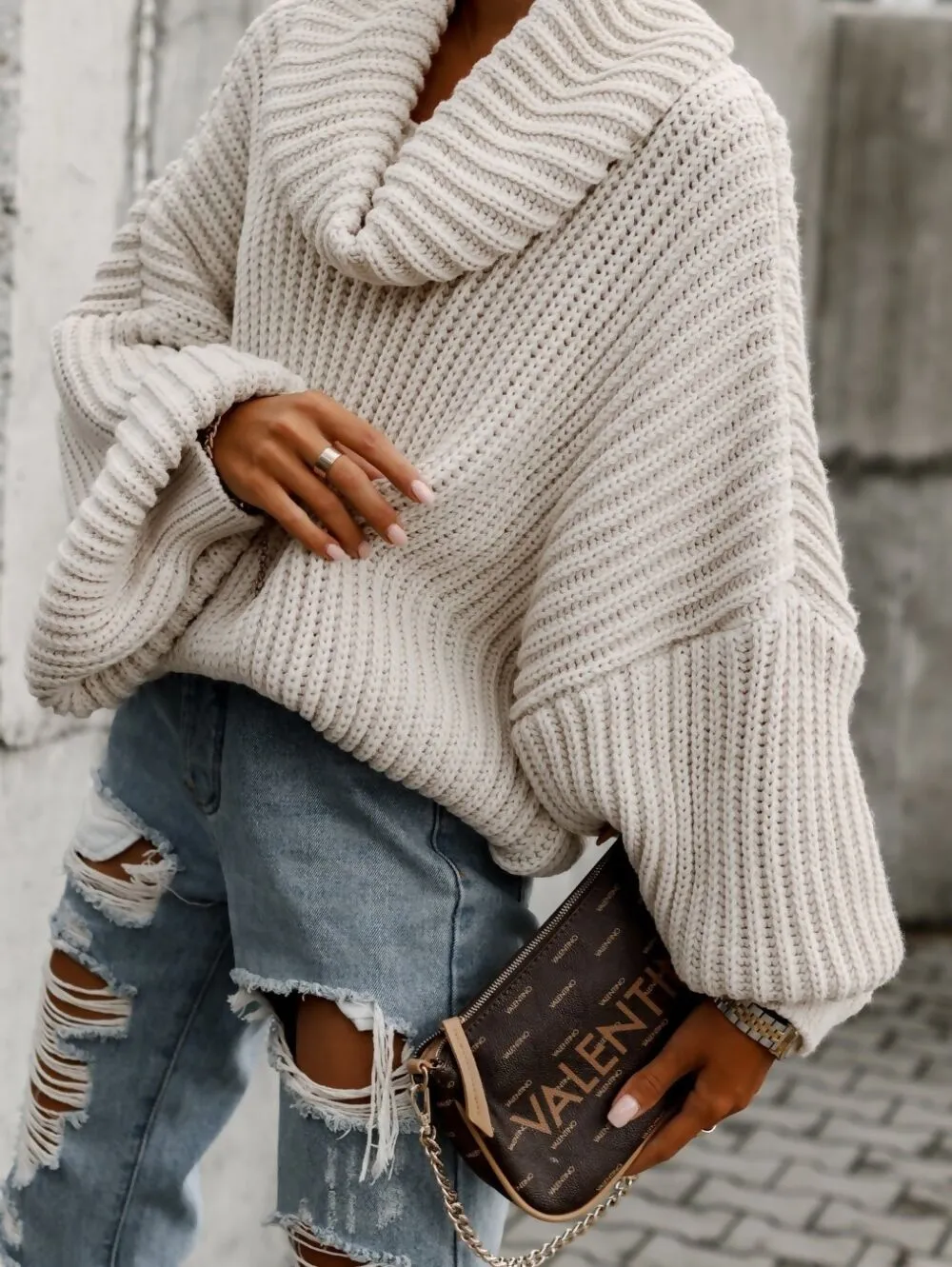 Balloon Sleeve Chunky Knit Jumper | Cowl Neck