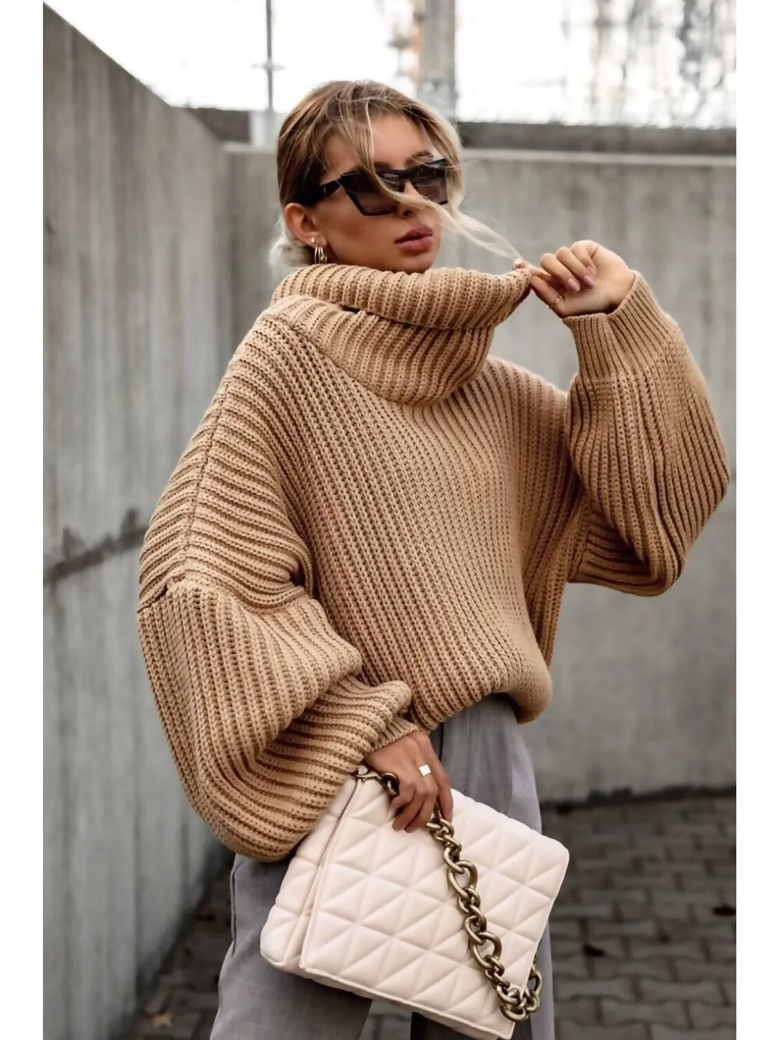 Balloon Sleeve Chunky Knit Jumper | Cowl Neck