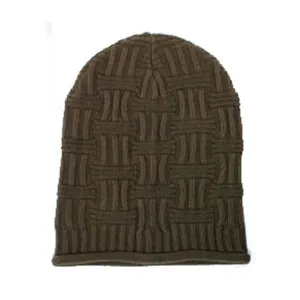 Basket Weave Slouchy Beanie Hat in Brown