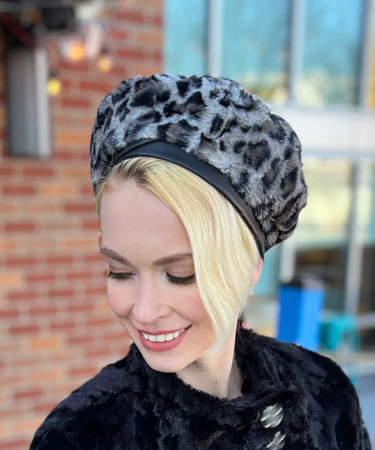 Beret, Reversible - Luxury Faux Fur Savannah Cat in Gray (One Large Left!)