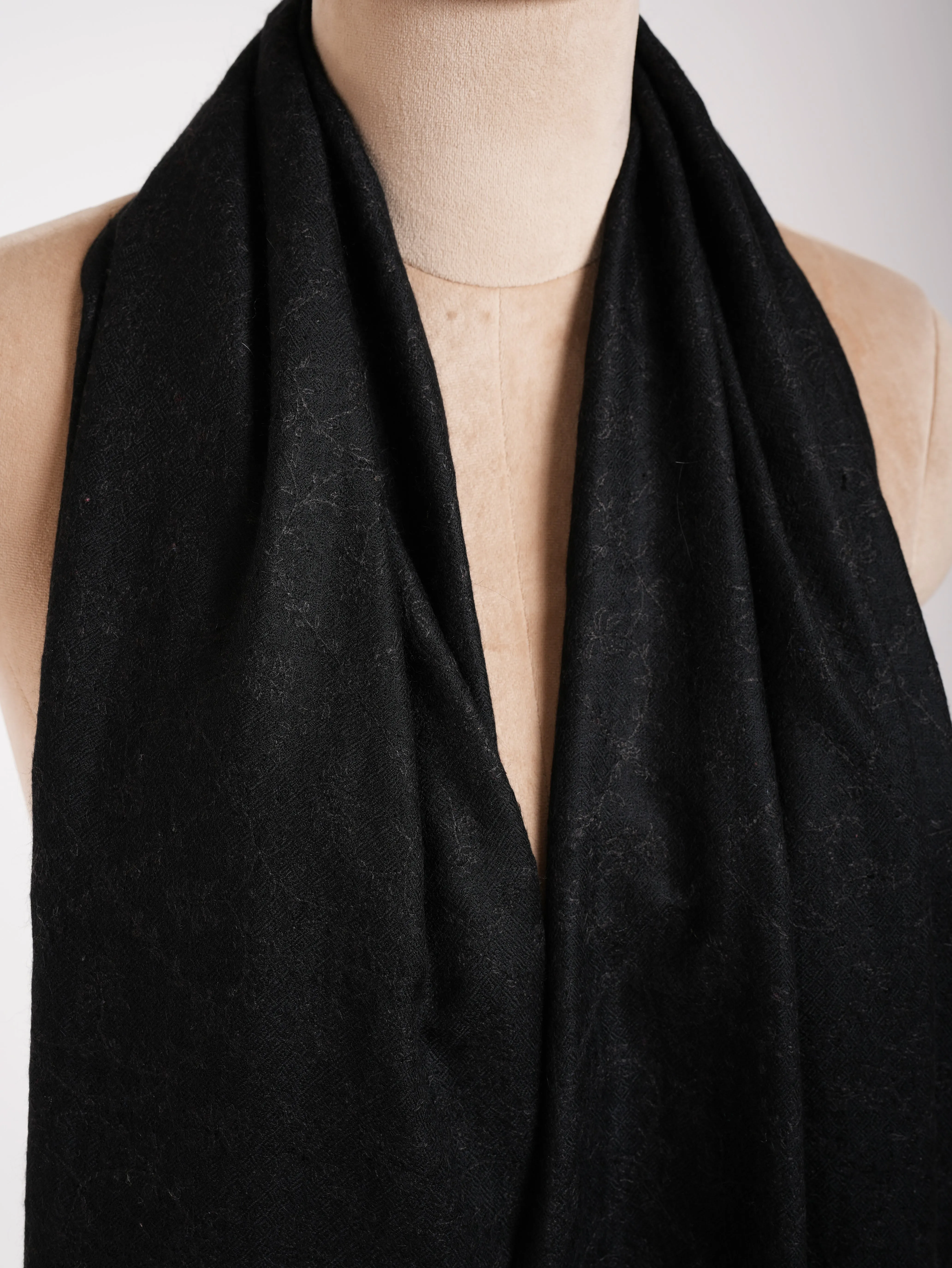 Black Cashmere Pashmina Scarf with Black Embroidery