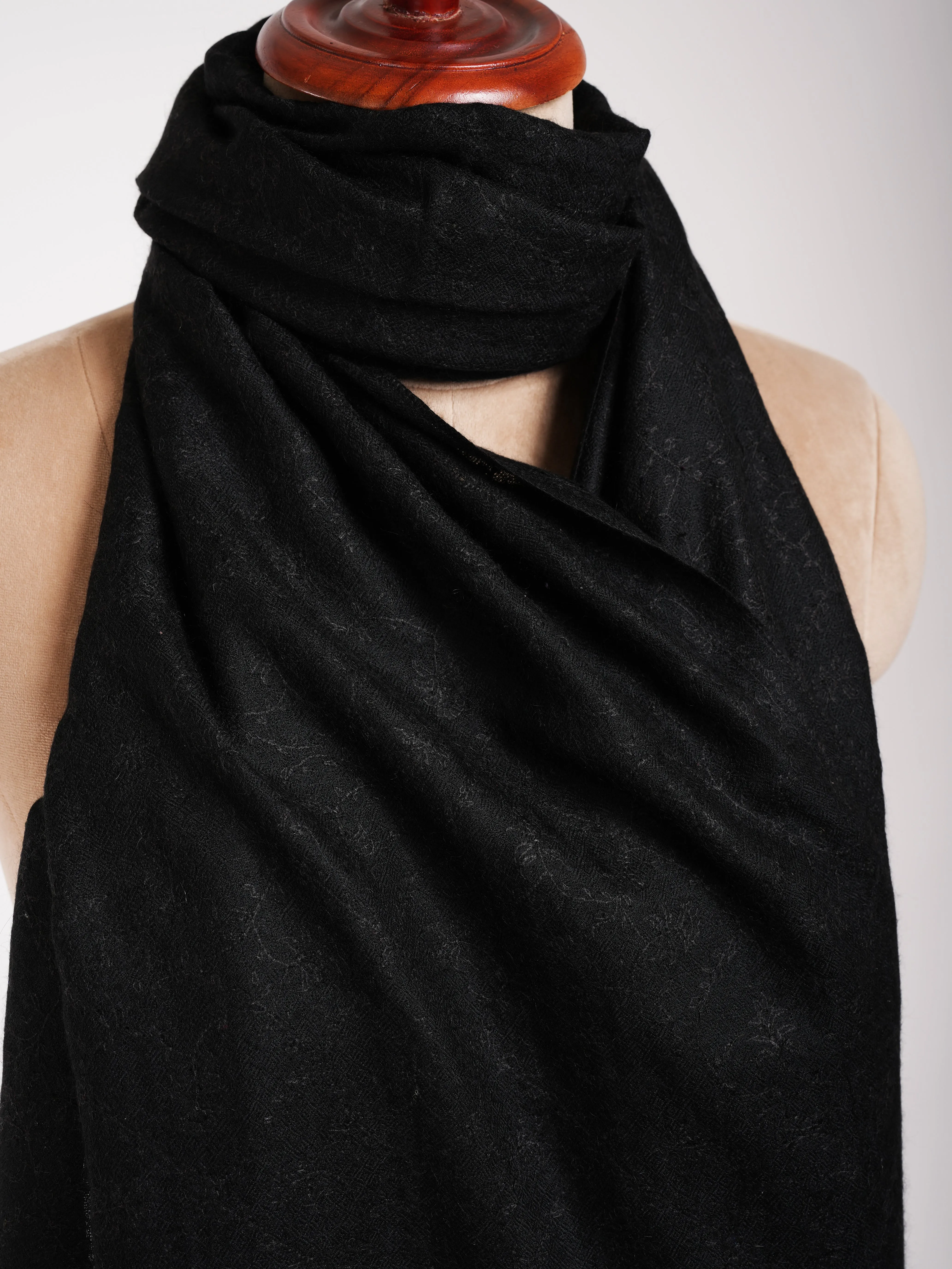 Black Cashmere Pashmina Scarf with Black Embroidery