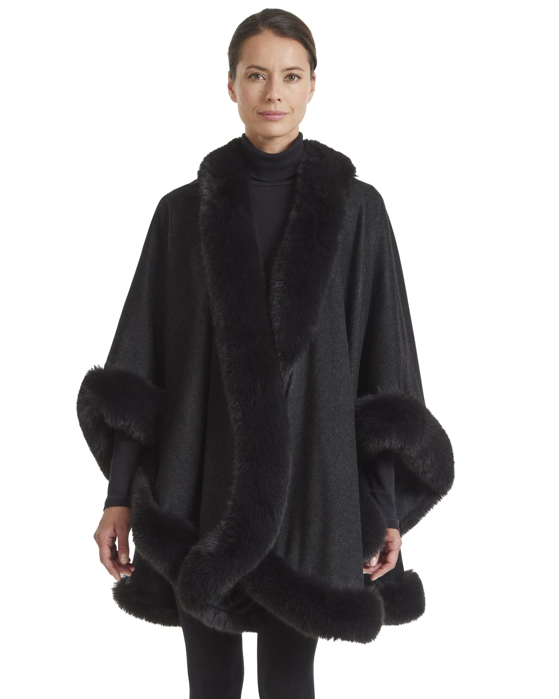 Black Cervinia Fur Trimmed Cashmere Cape Classic Length