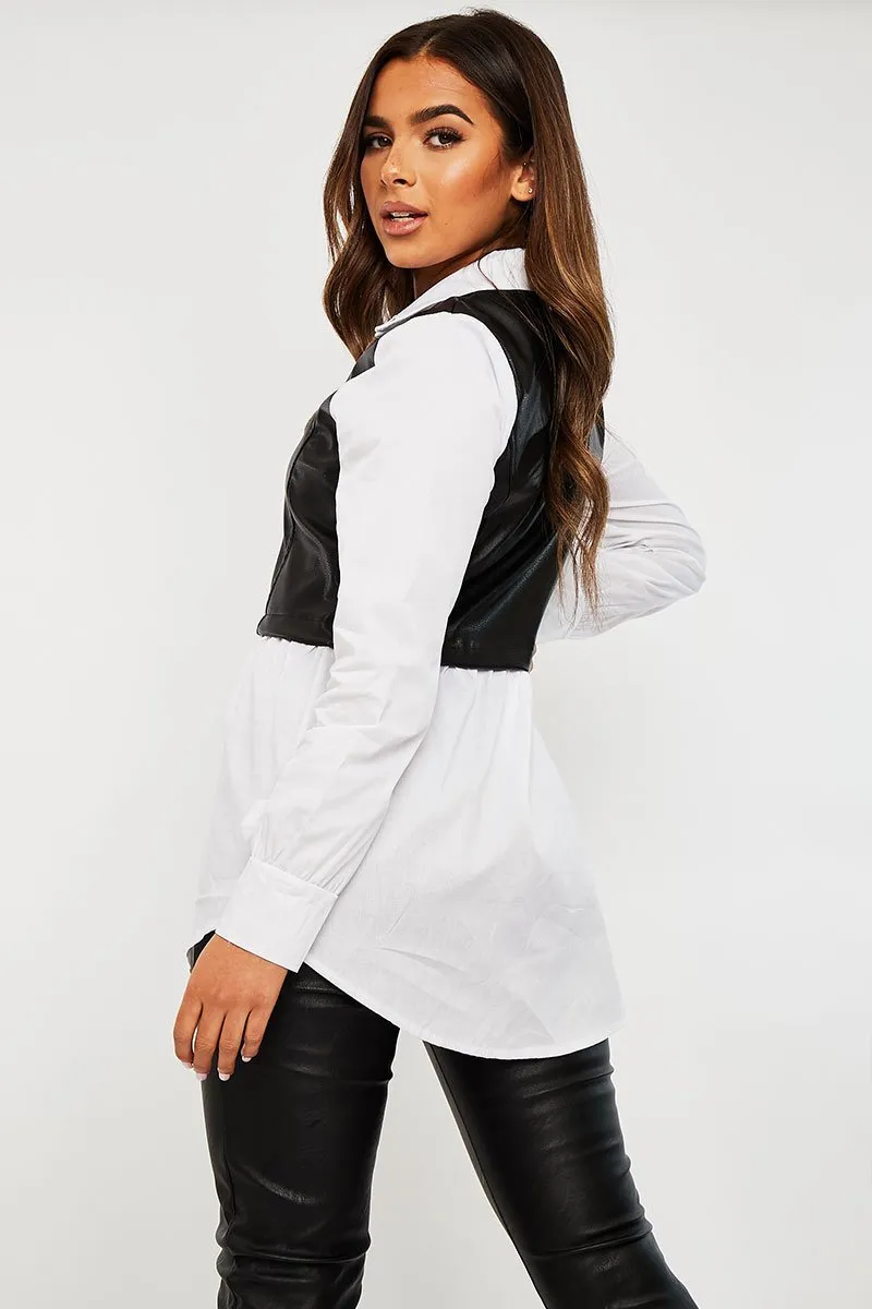 Black Faux Leather Panel White Shirt - Leacy