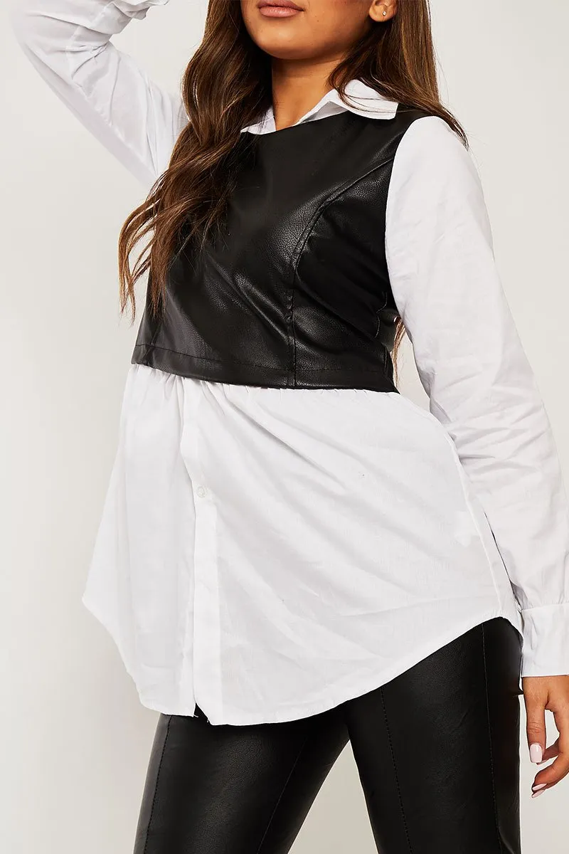 Black Faux Leather Panel White Shirt - Leacy