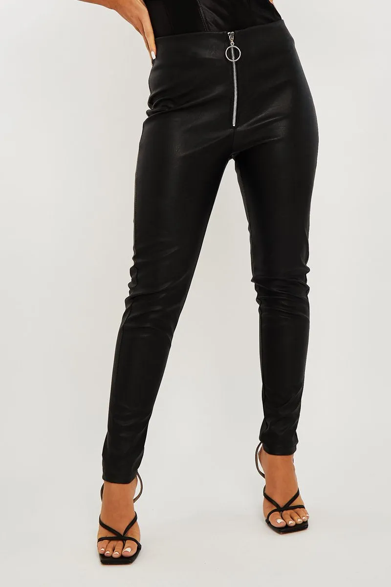 Black Ring Zip Front Faux Leather Leggings - Rafaela