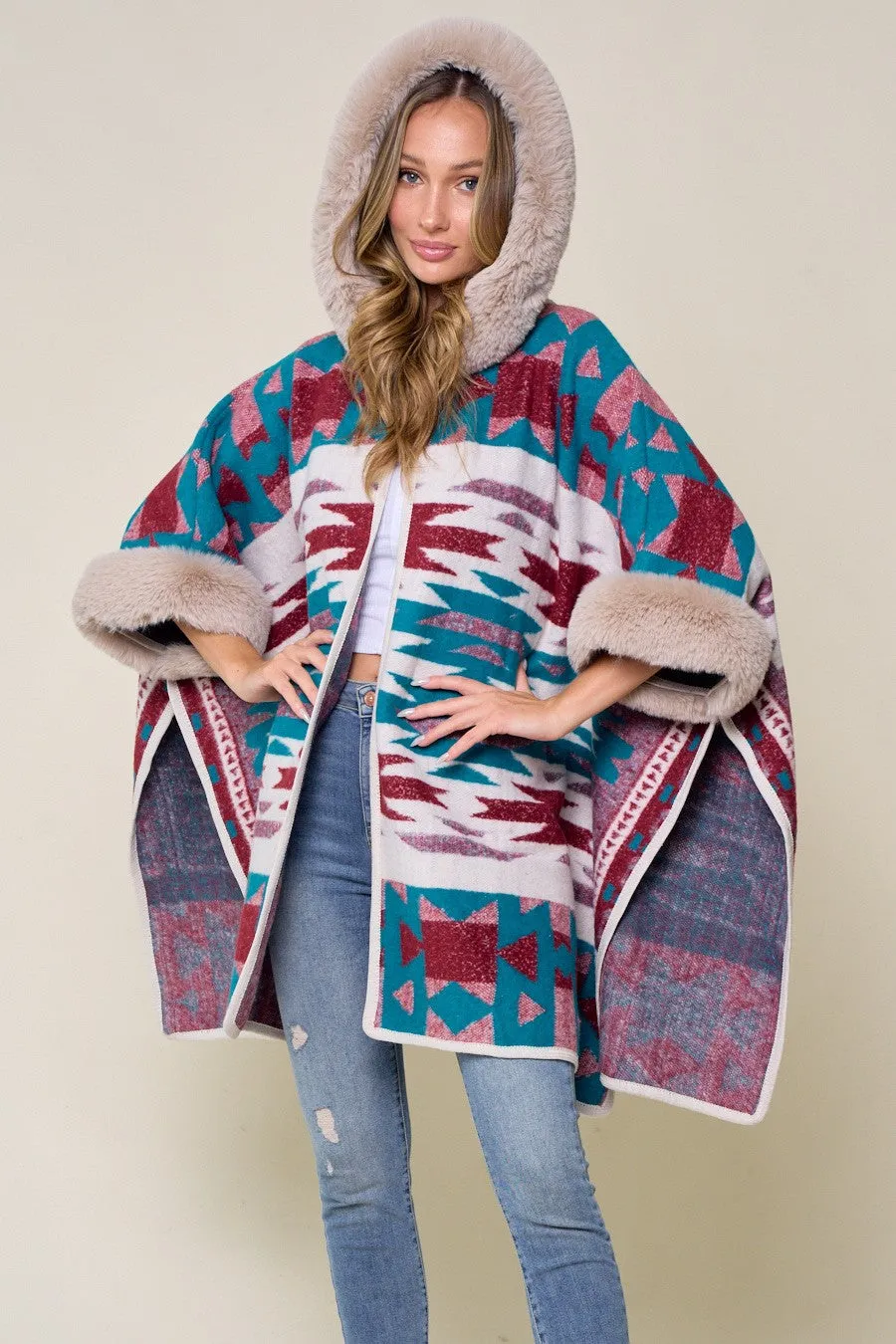 Blue Taupe Wine Plaid Faux Fur Hooded  Poncho