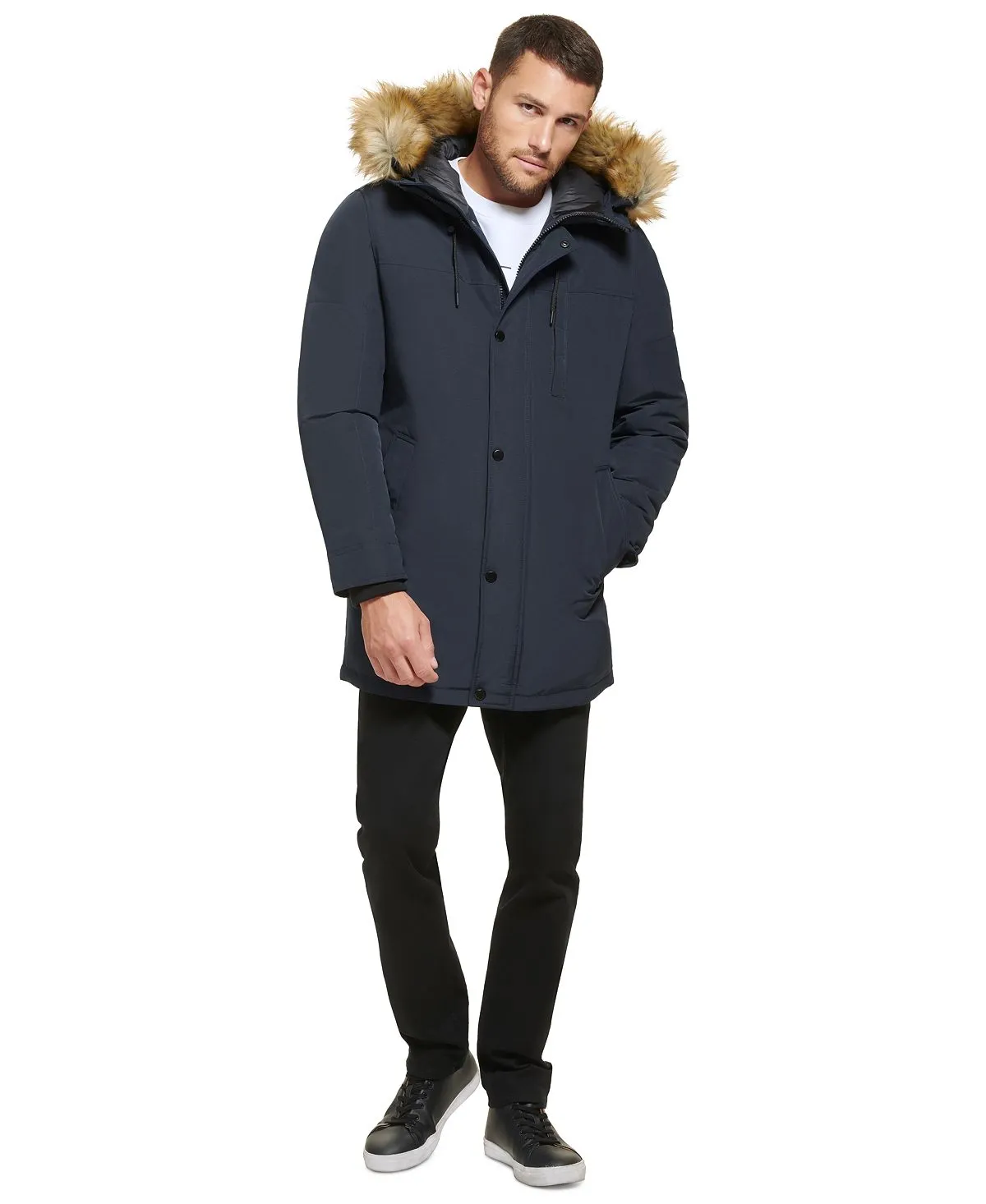 Calvin Klein Men's Faux Fur Lined Hooded Long Parka blue