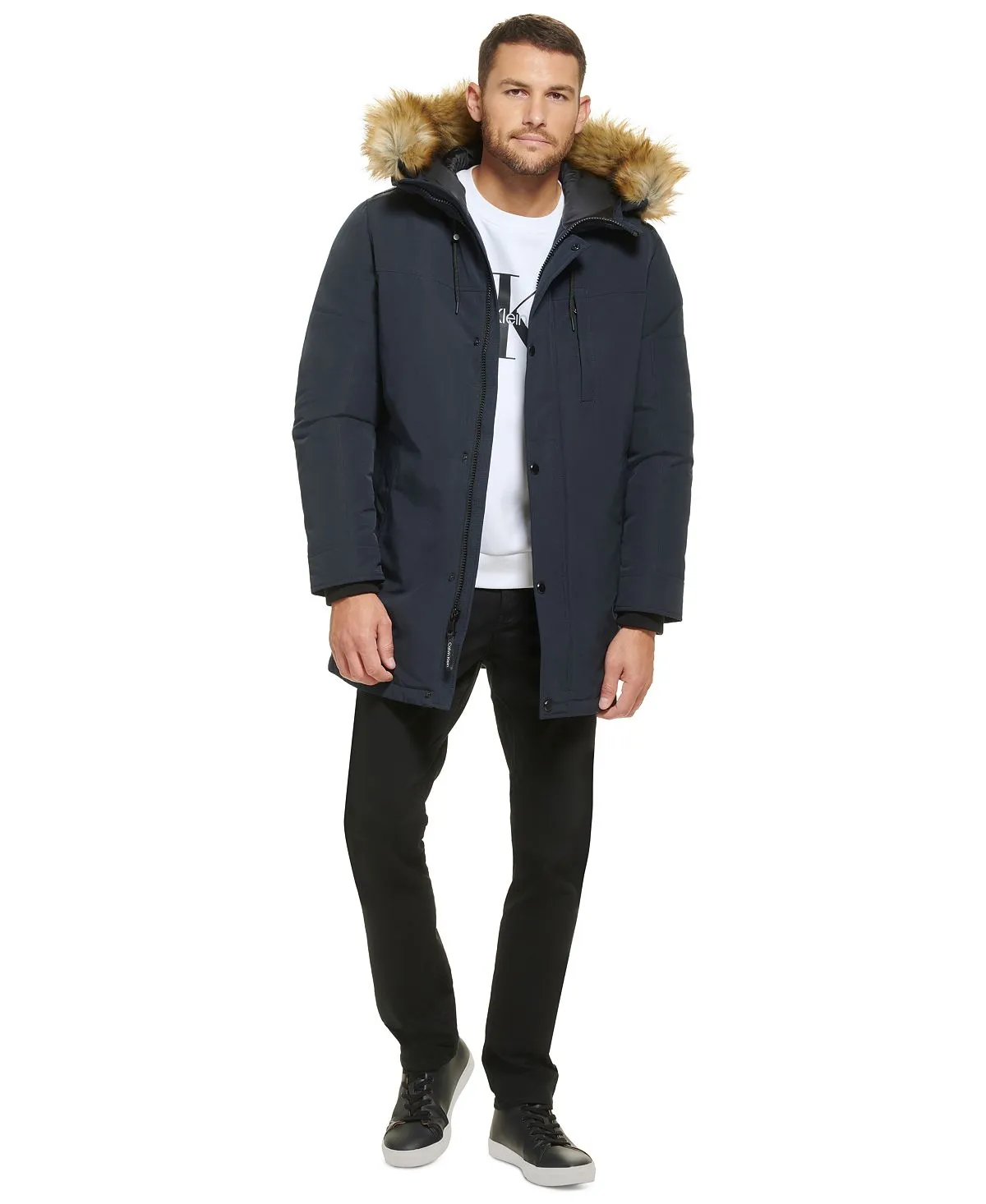 Calvin Klein Men's Faux Fur Lined Hooded Long Parka blue