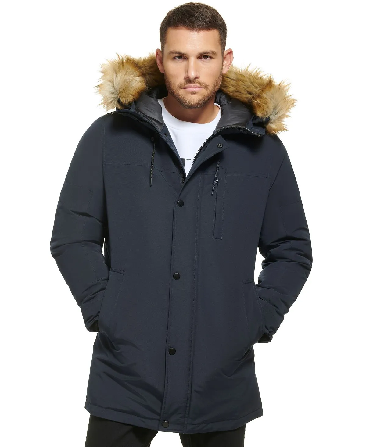 Calvin Klein Men's Faux Fur Lined Hooded Long Parka blue