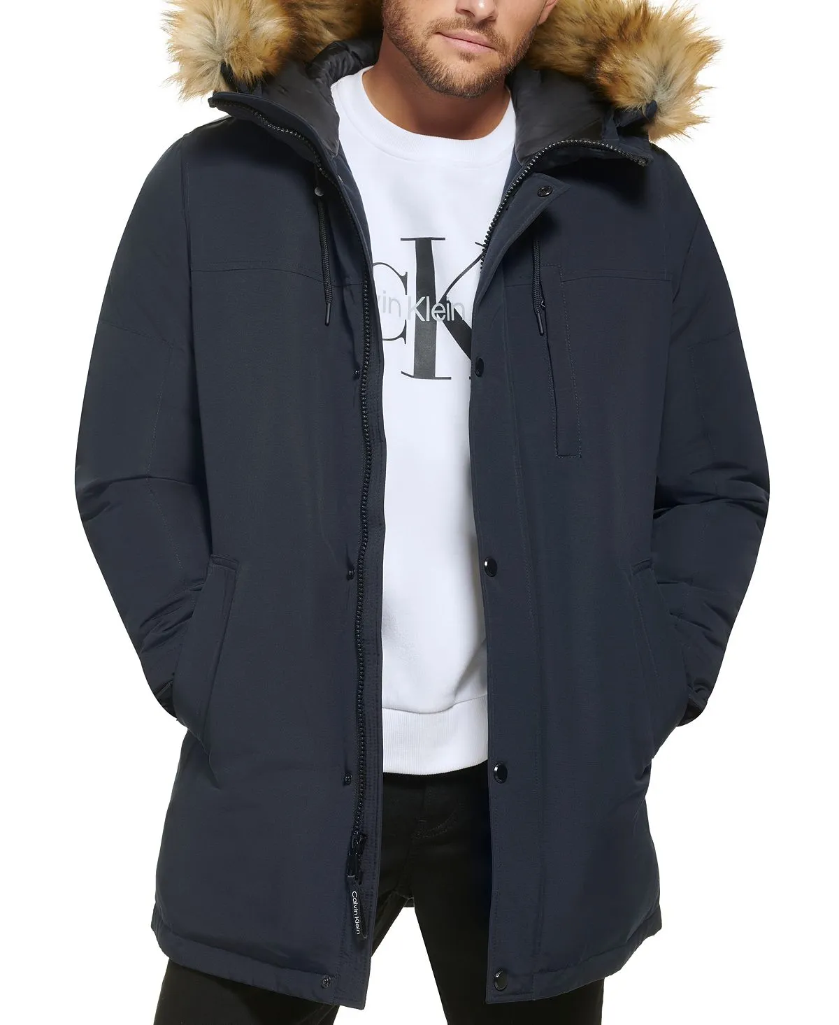 Calvin Klein Men's Faux Fur Lined Hooded Long Parka blue