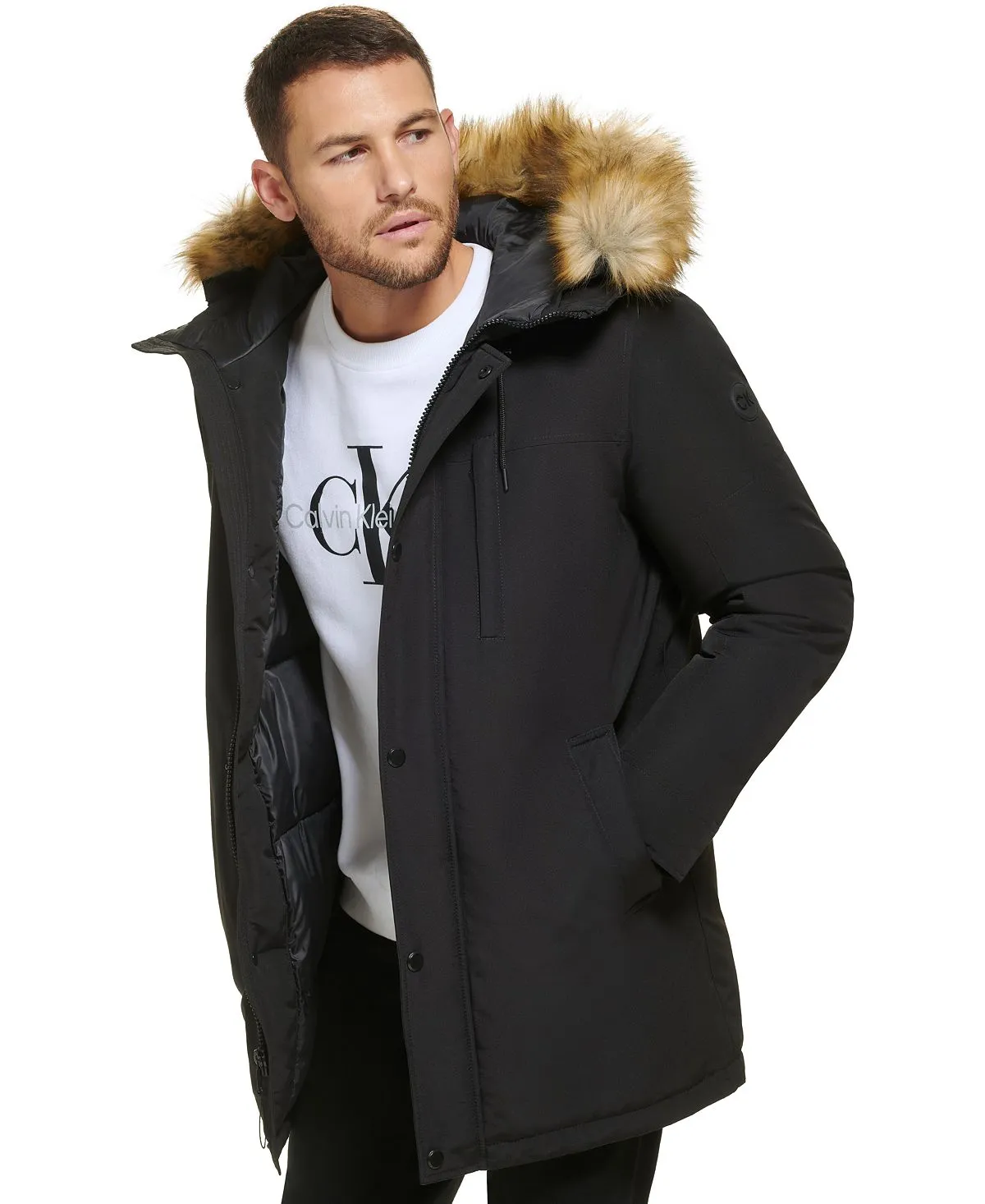 Calvin Klein Men's Faux Fur Lined Hooded Long Parka blue