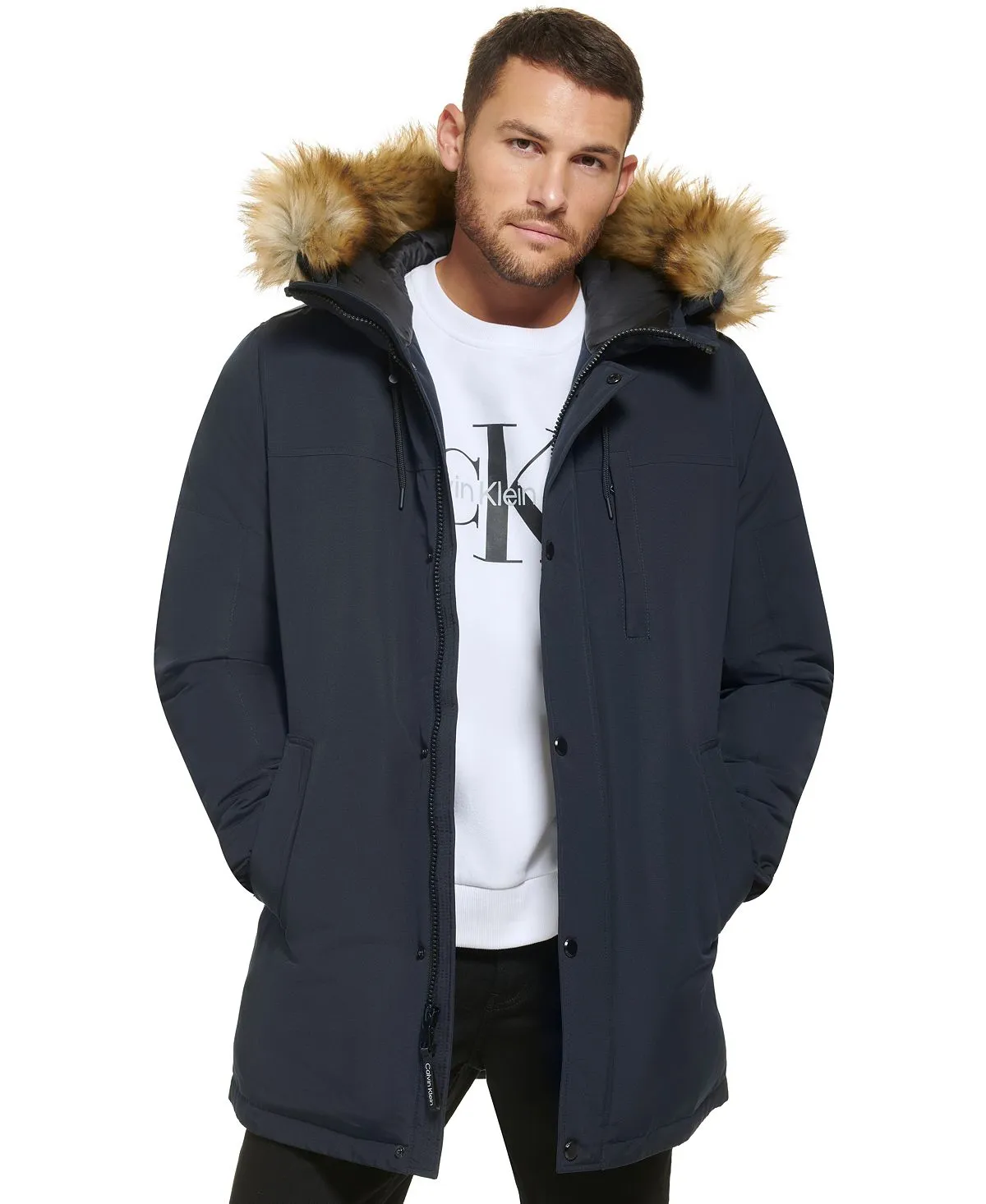 Calvin Klein Men's Faux Fur Lined Hooded Long Parka blue