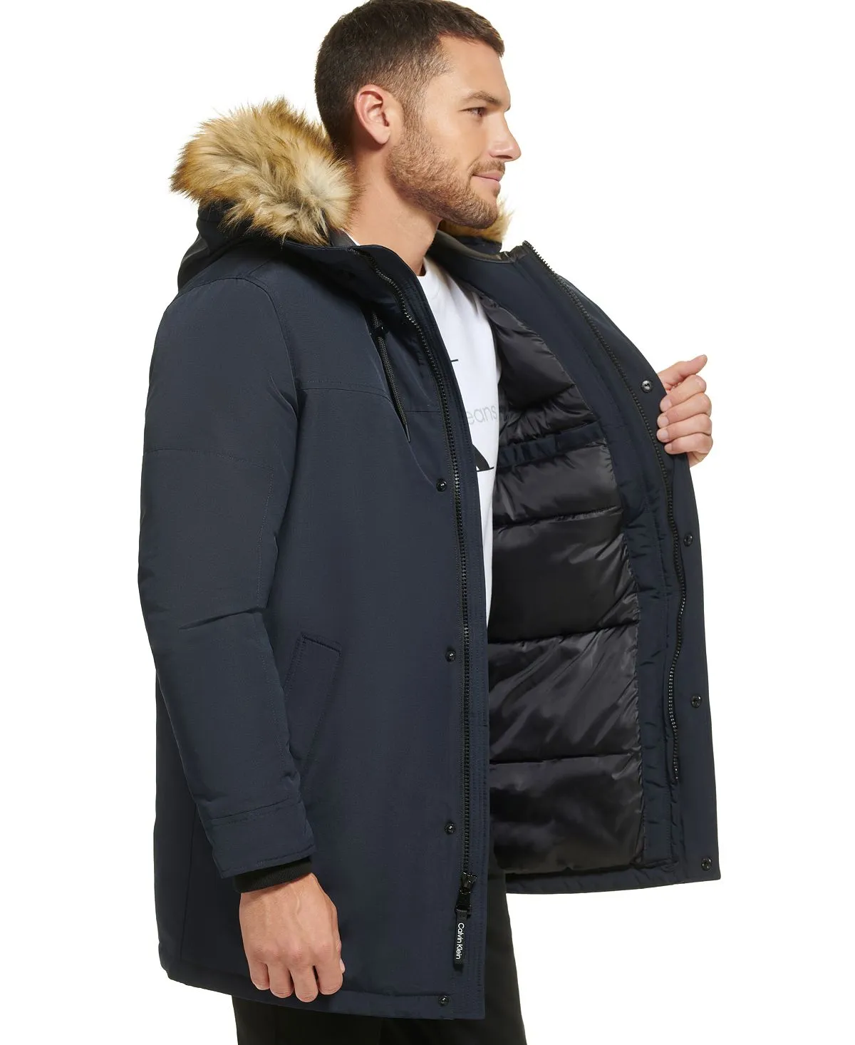 Calvin Klein Men's Faux Fur Lined Hooded Long Parka blue