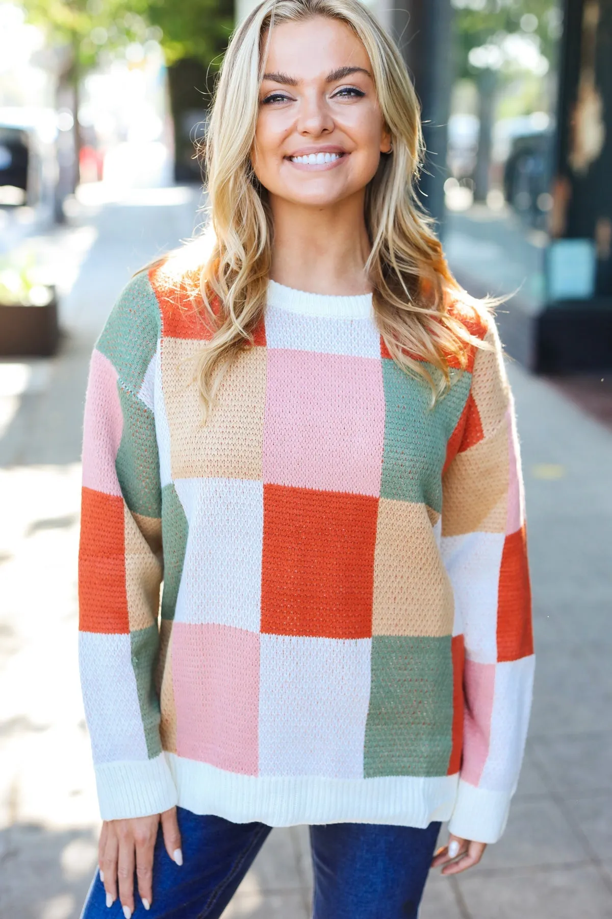 Chunky Knit Checker Jacquard Knit Sweater