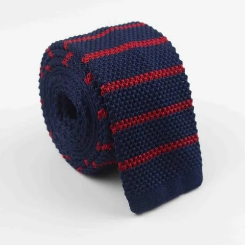 Classy Men Navy Blue Red Striped Square Knit Tie