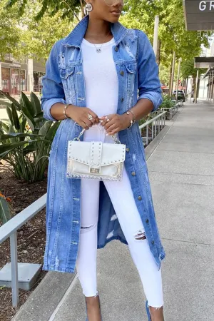 Distressed Denim Long Trench