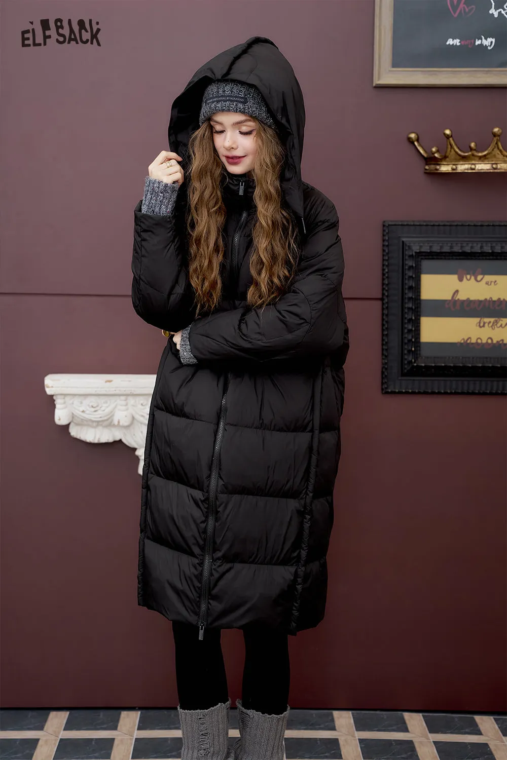 ELFSACK 2024 Winter New Arrivals Simple hooded long down jacket for women loose straight thick warm coat