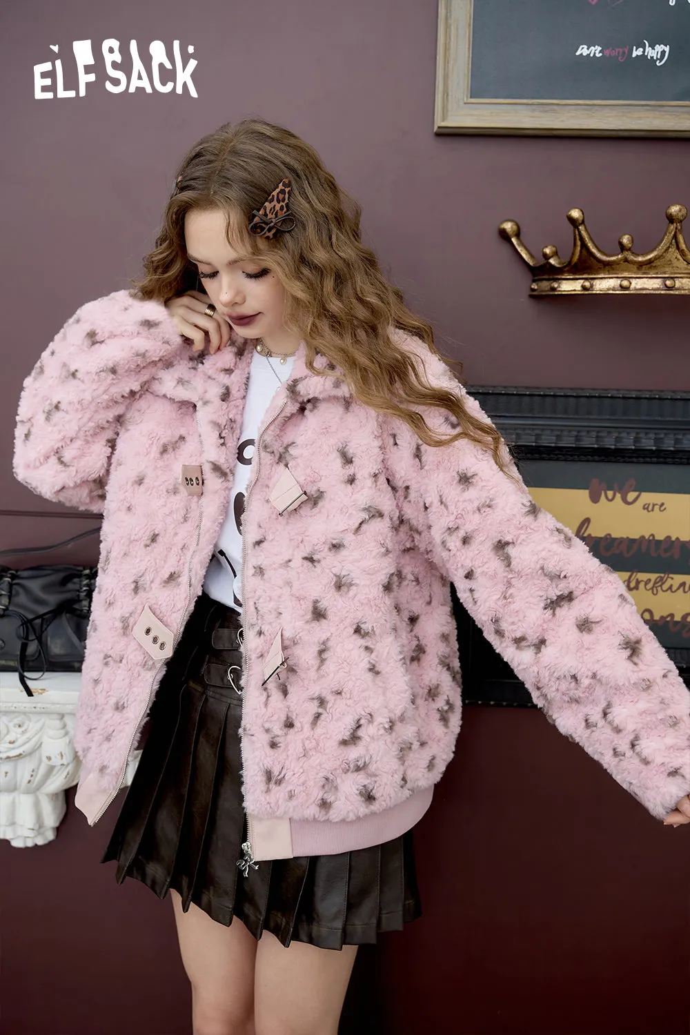 ELFSACK 2024 Winter New Arrivals Sweet cool pink leopard print thick coat for women