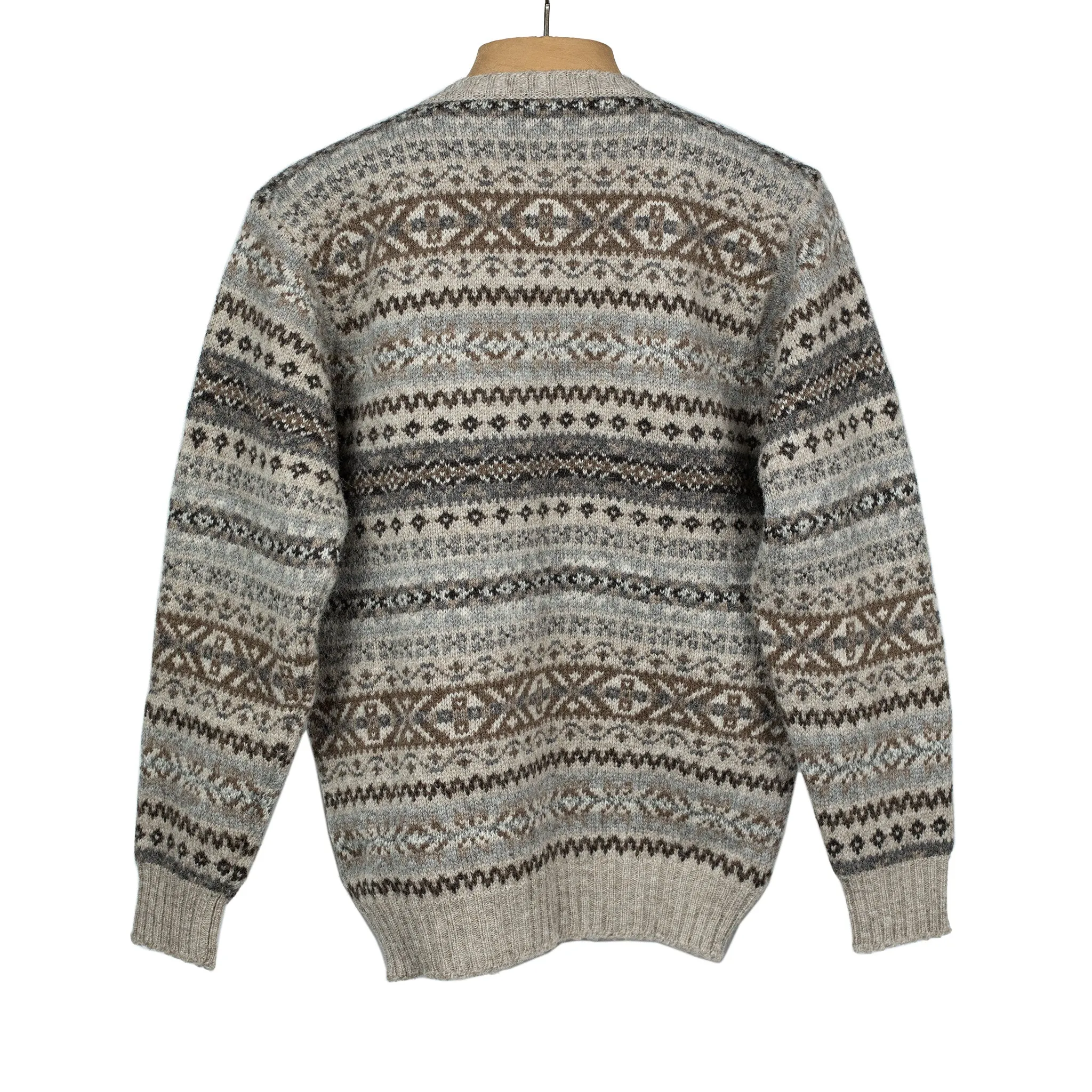 Fair Isle crew-neck sweater, buckwheat, grey, brown, and black (restock)