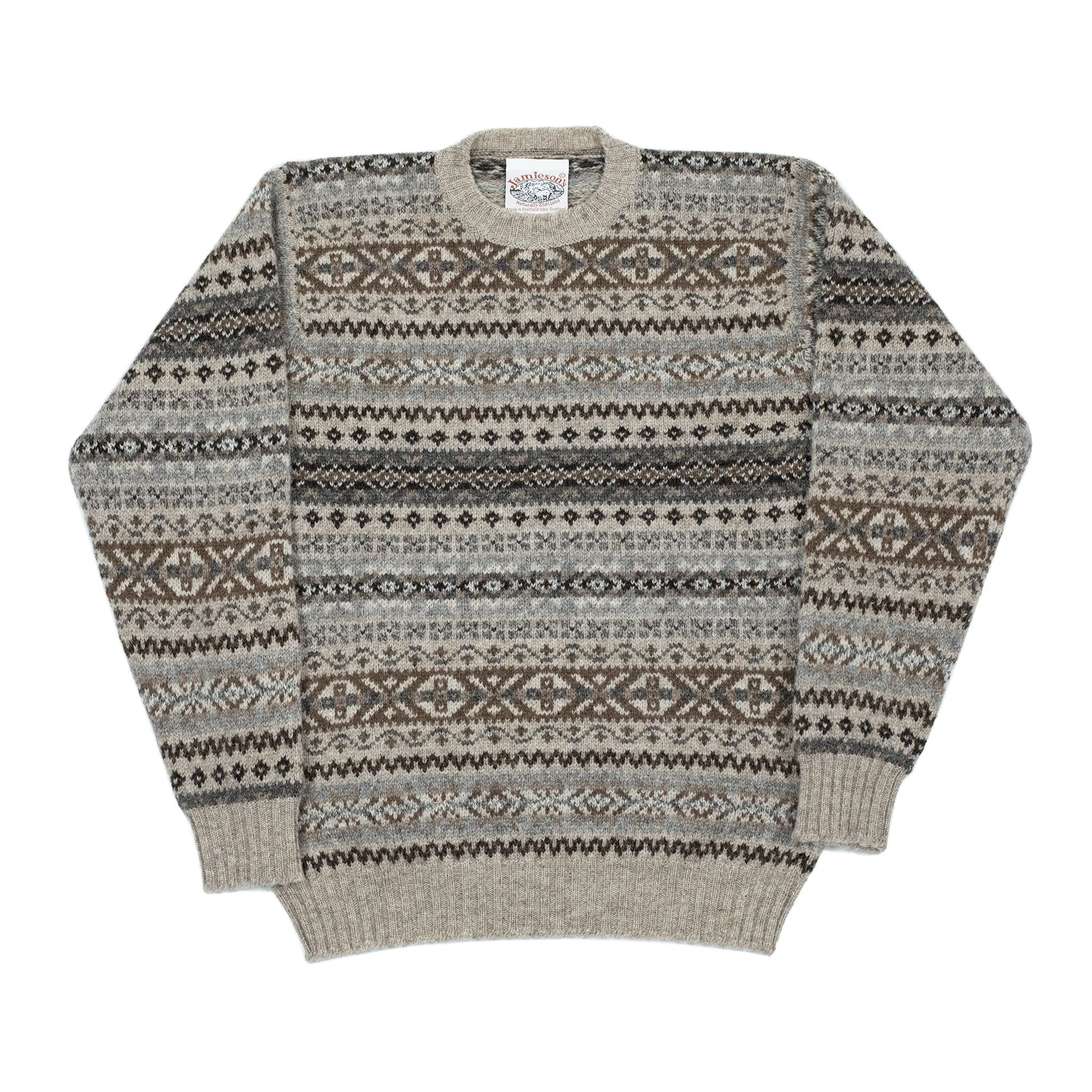 Fair Isle crew-neck sweater, buckwheat, grey, brown, and black (restock)