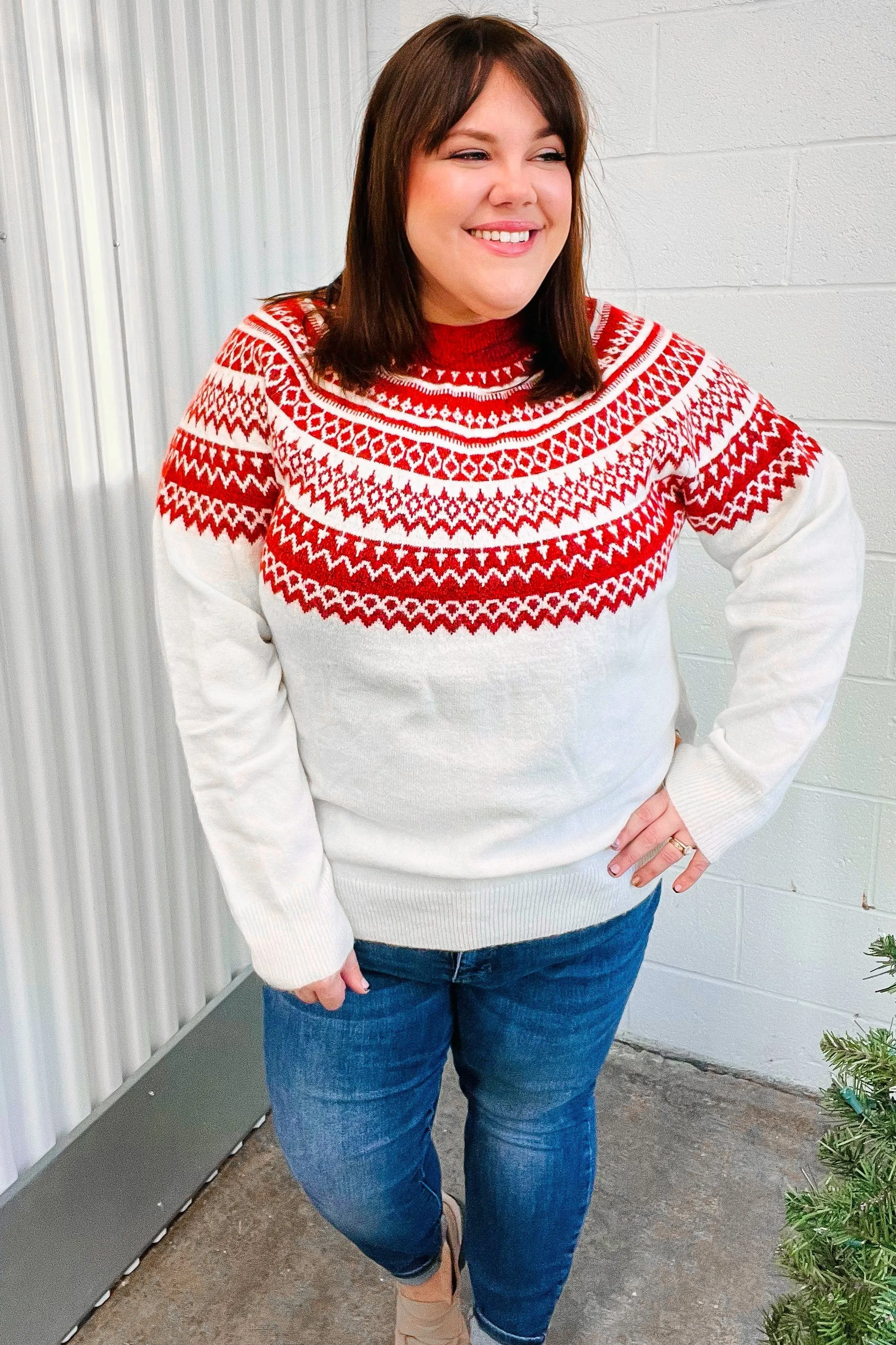 Feeling Festive Ivory & Red Fair Isle Mock Neck Sweater