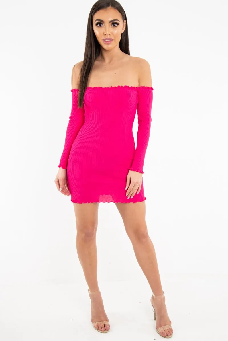 Fuchsia Bardot Lettuce Hem Rib Knit Mini Dress - Keysha