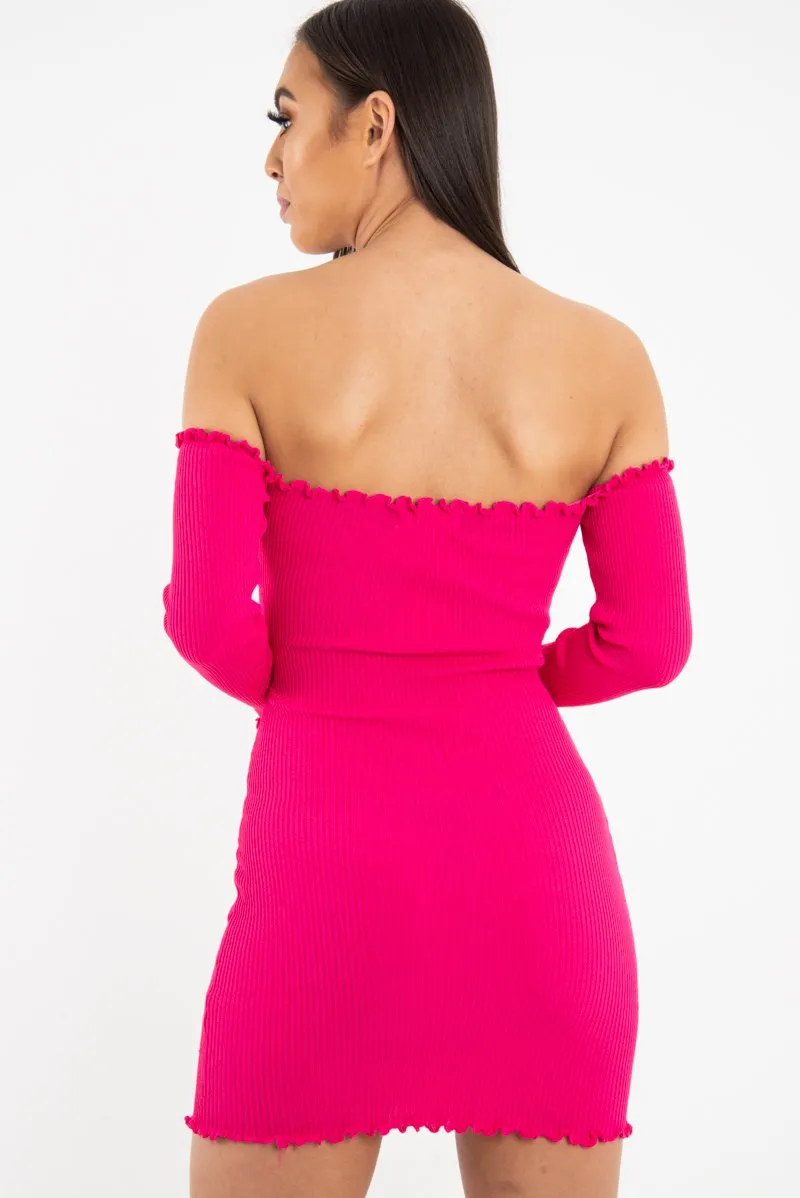 Fuchsia Bardot Lettuce Hem Rib Knit Mini Dress - Keysha