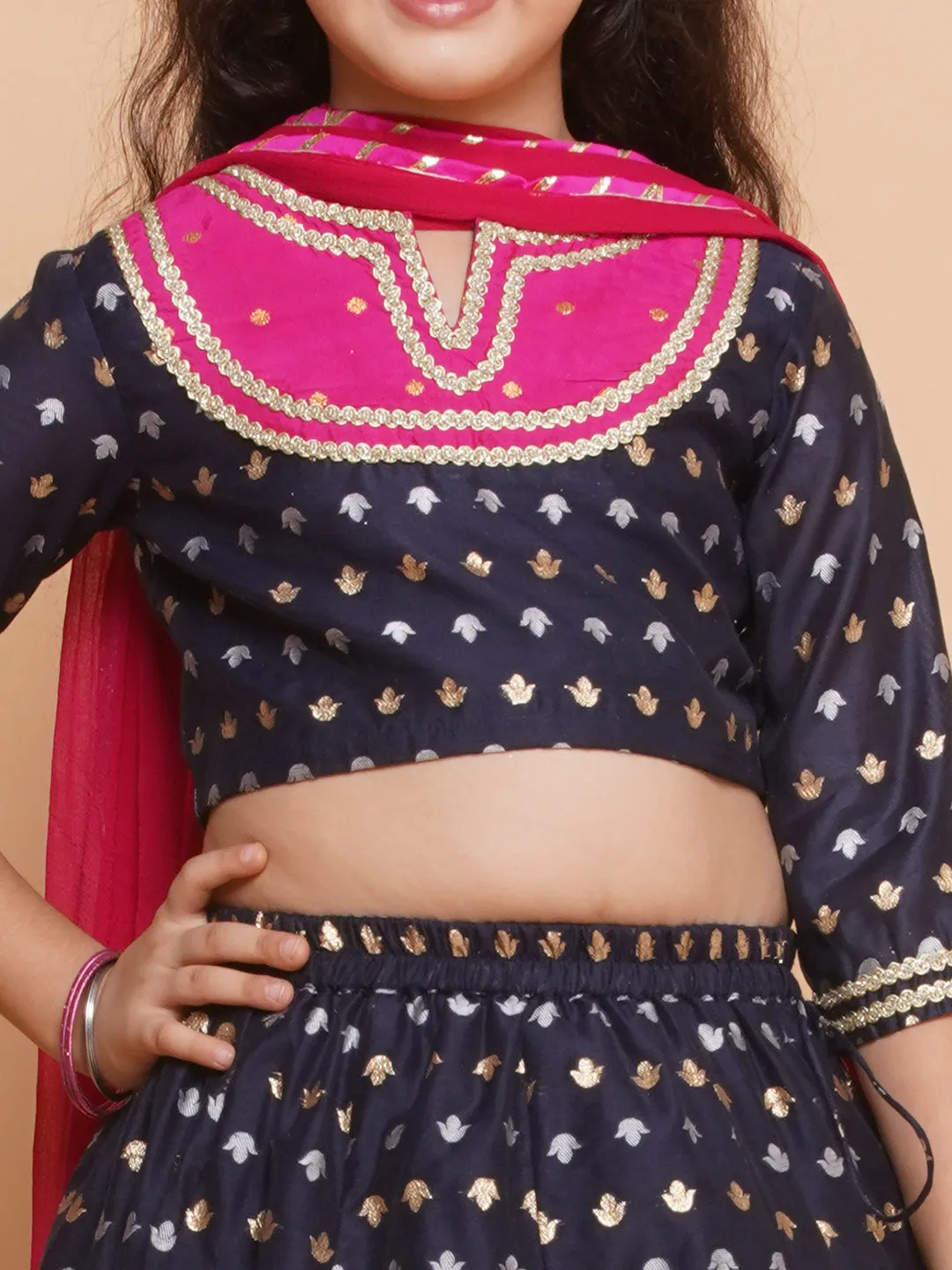 Girls Navy blue Jacquard design Lehenga &Detailed Blouse With Dupatta