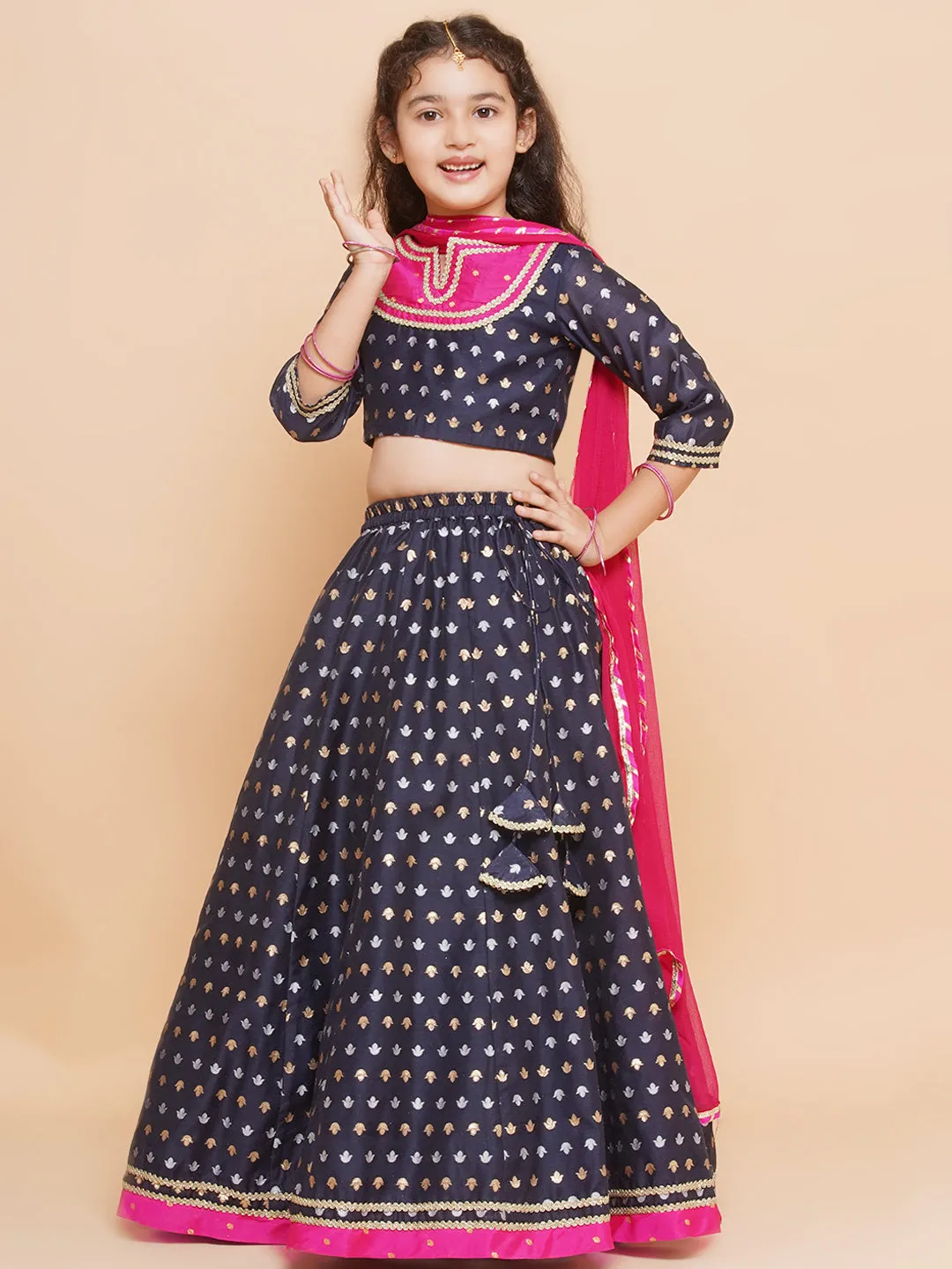 Girls Navy blue Jacquard design Lehenga &Detailed Blouse With Dupatta