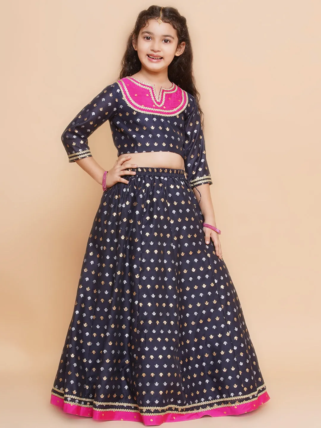 Girls Navy blue Jacquard design Lehenga &Detailed Blouse With Dupatta