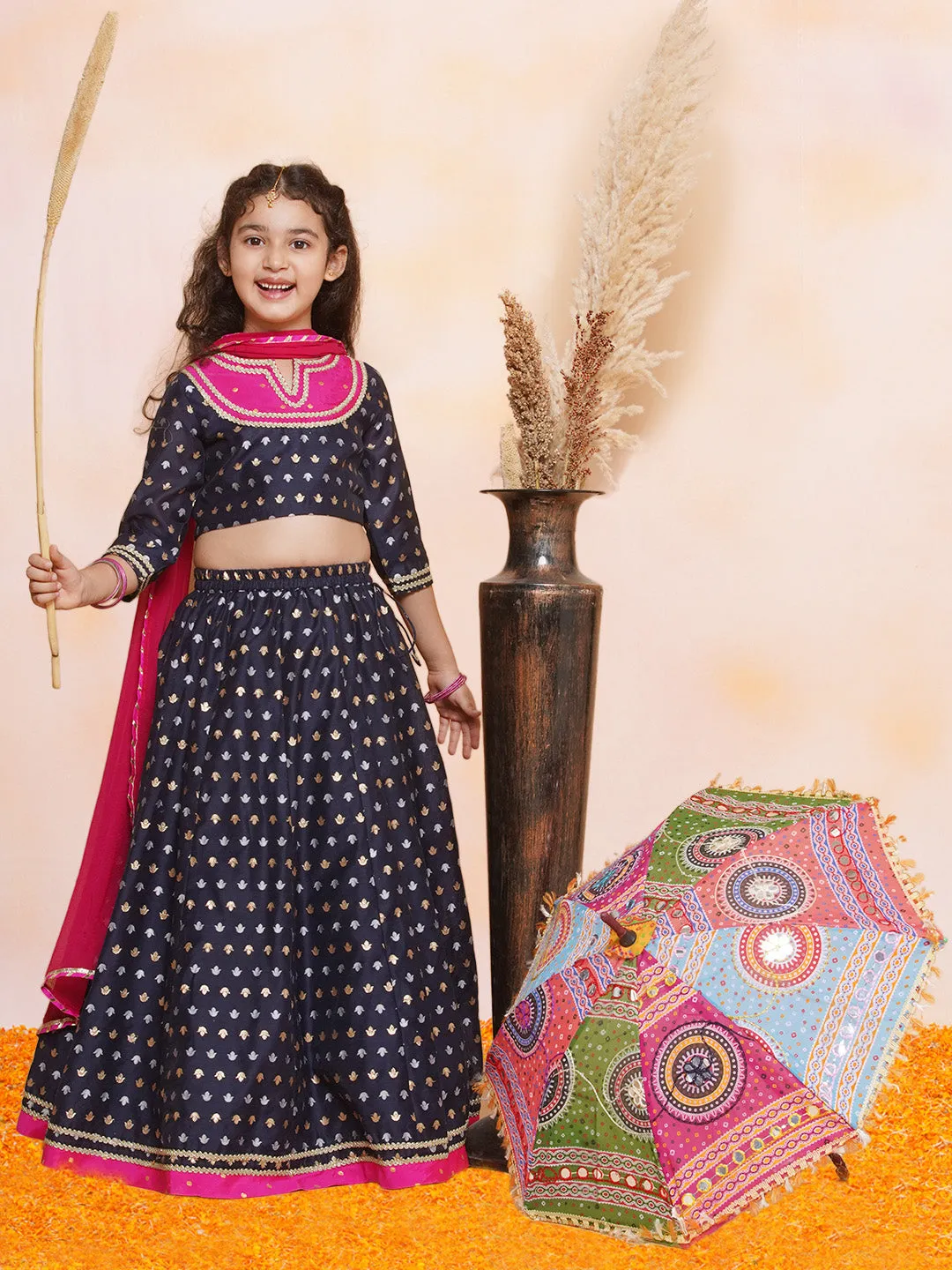 Girls Navy blue Jacquard design Lehenga &Detailed Blouse With Dupatta