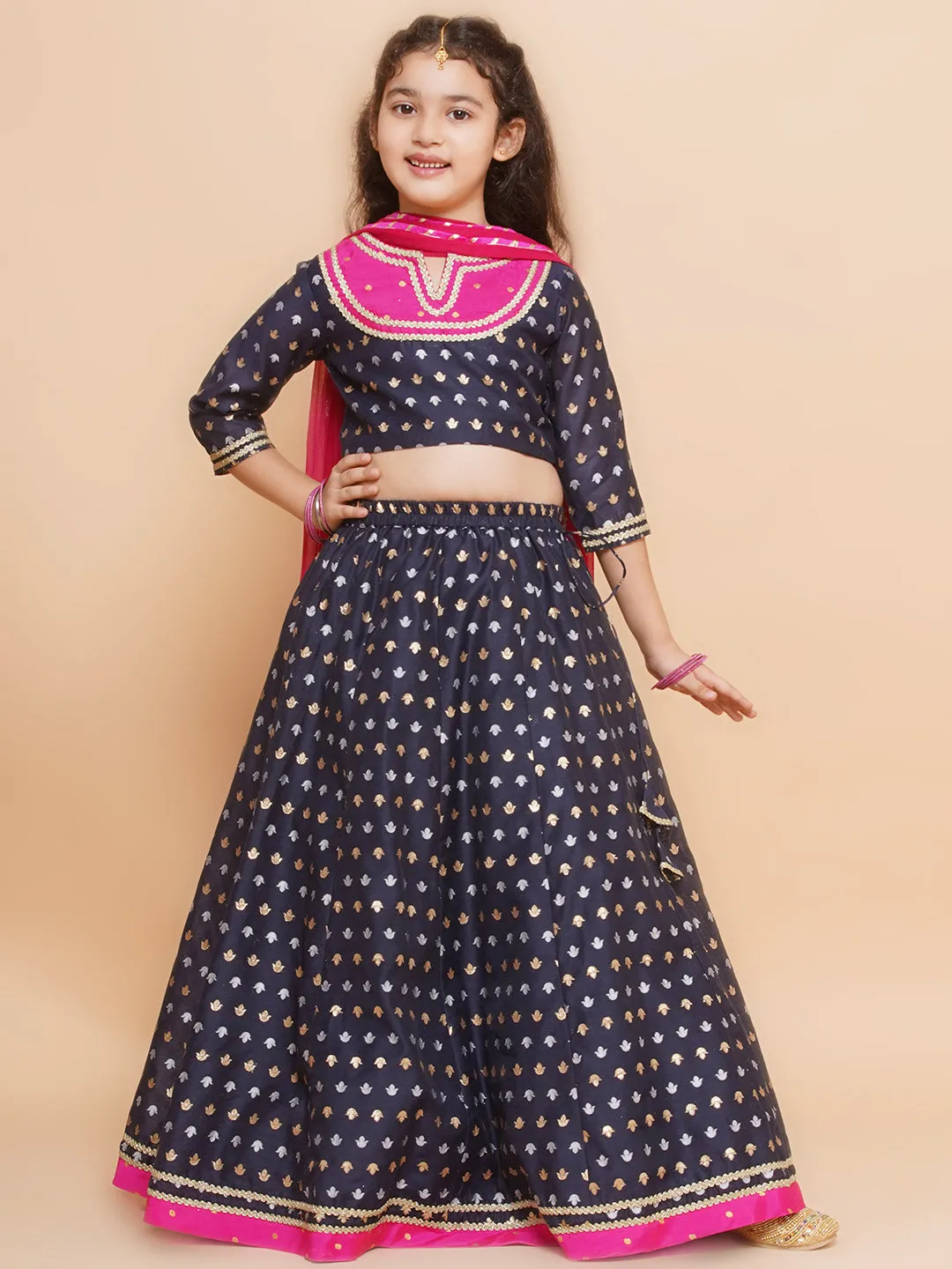 Girls Navy blue Jacquard design Lehenga &Detailed Blouse With Dupatta