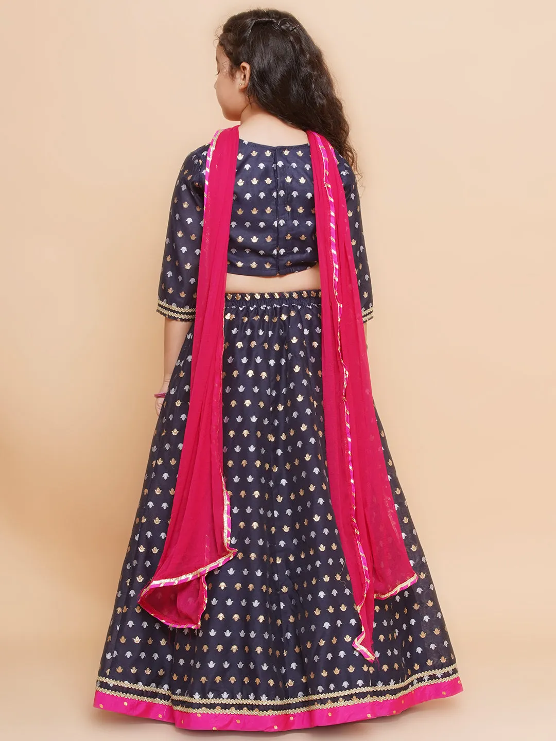 Girls Navy blue Jacquard design Lehenga &Detailed Blouse With Dupatta