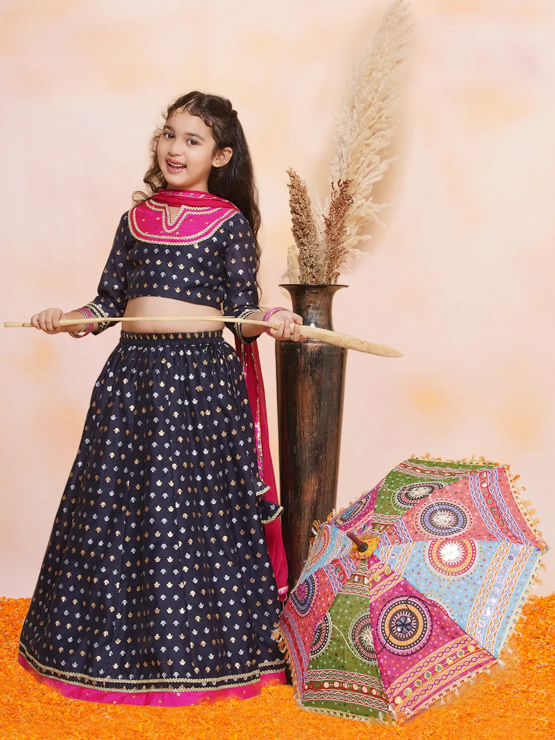 Girls Navy blue Jacquard design Lehenga &Detailed Blouse With Dupatta