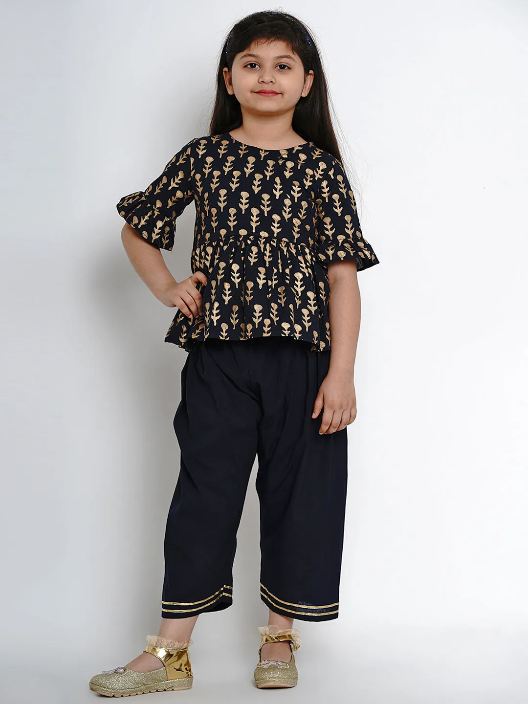 Girls Navy Blue Printed Kurti With Pants