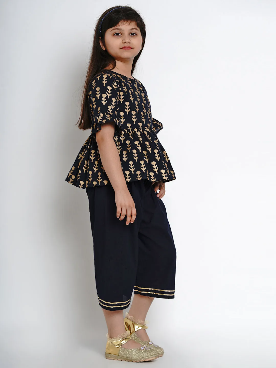 Girls Navy Blue Printed Kurti With Pants