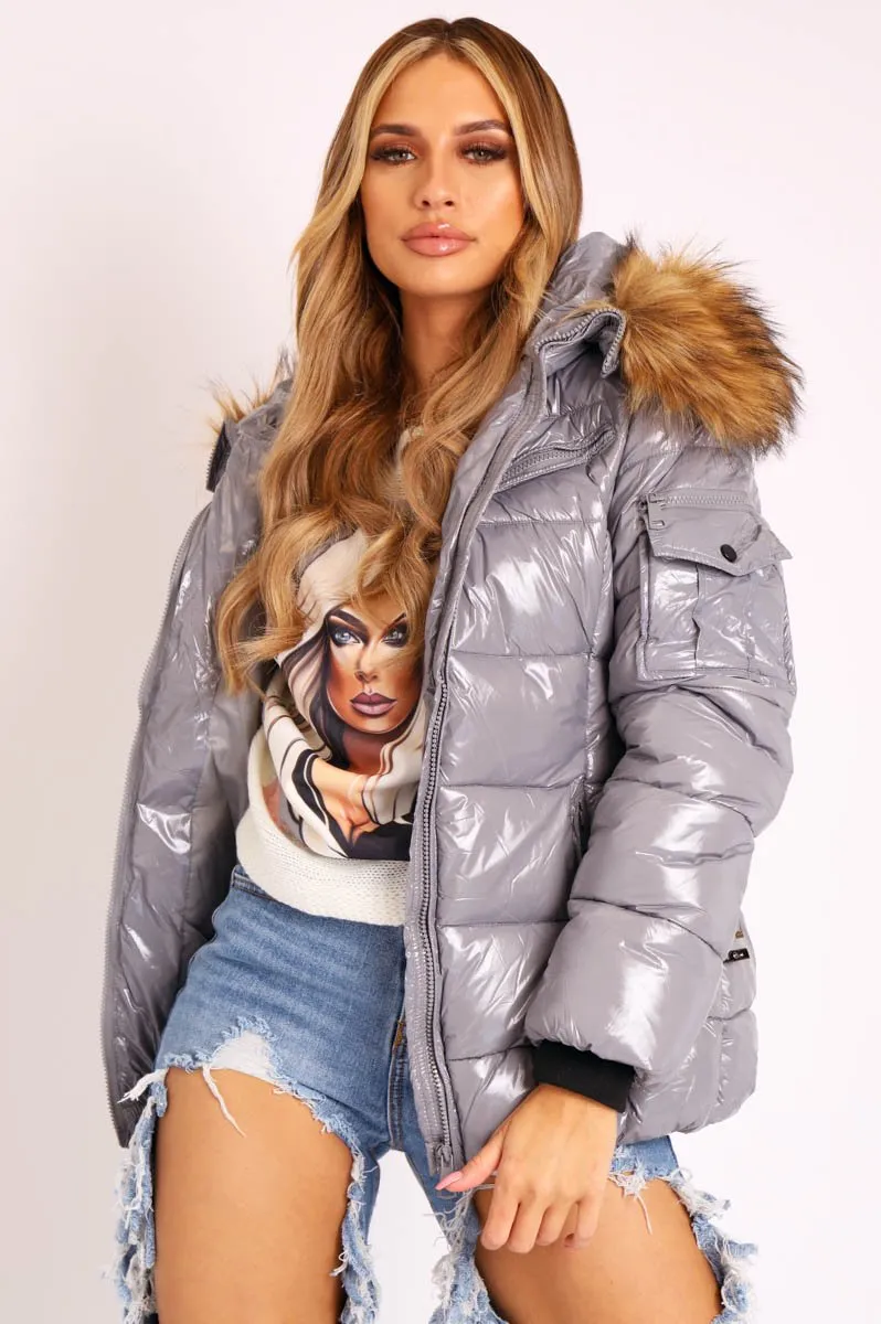 Grey High Shine Fur Trim Puffer Coat - Stacia