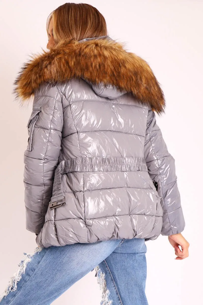 Grey High Shine Fur Trim Puffer Coat - Stacia