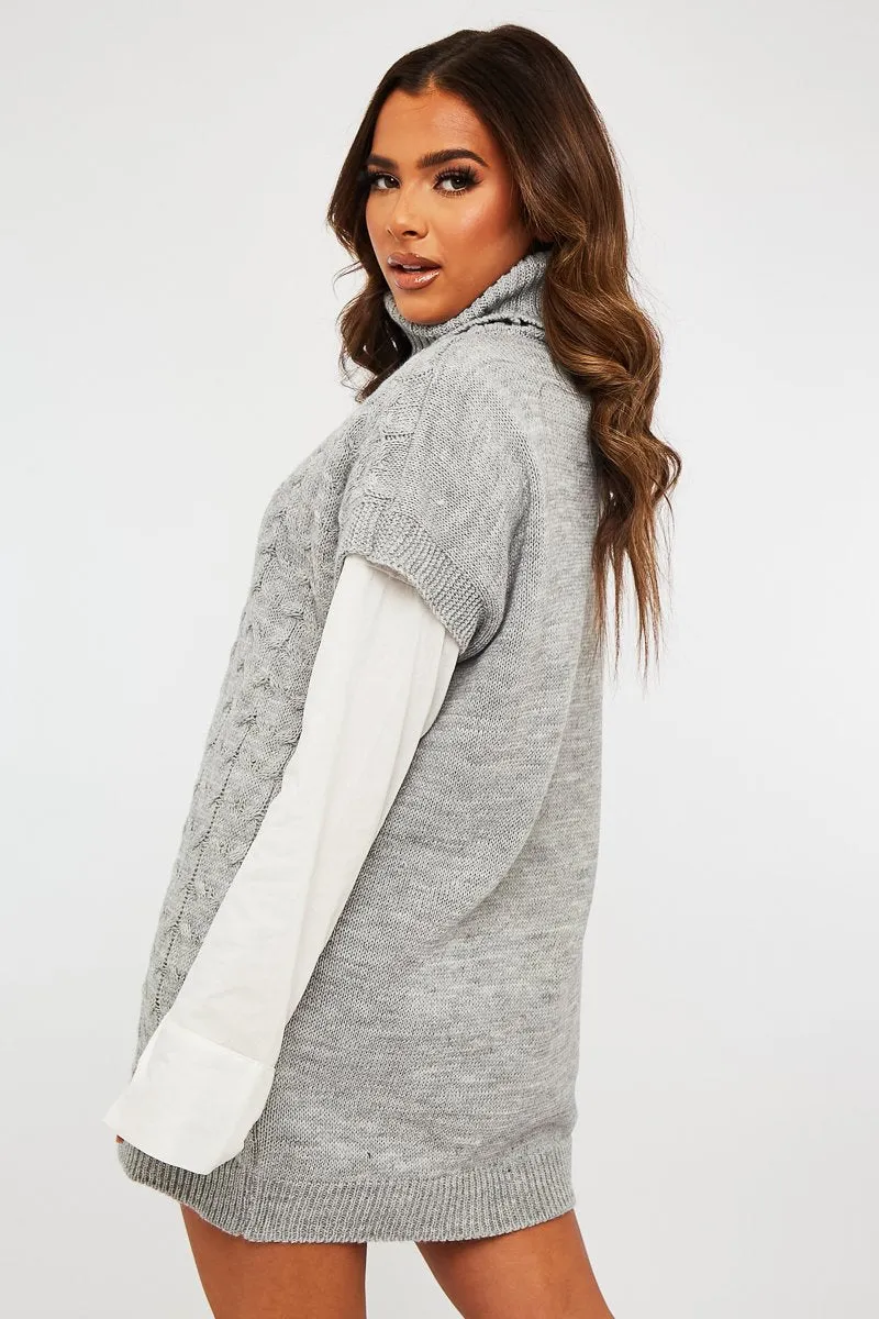 Grey Roll Neck Cable Knit Vest - Emira