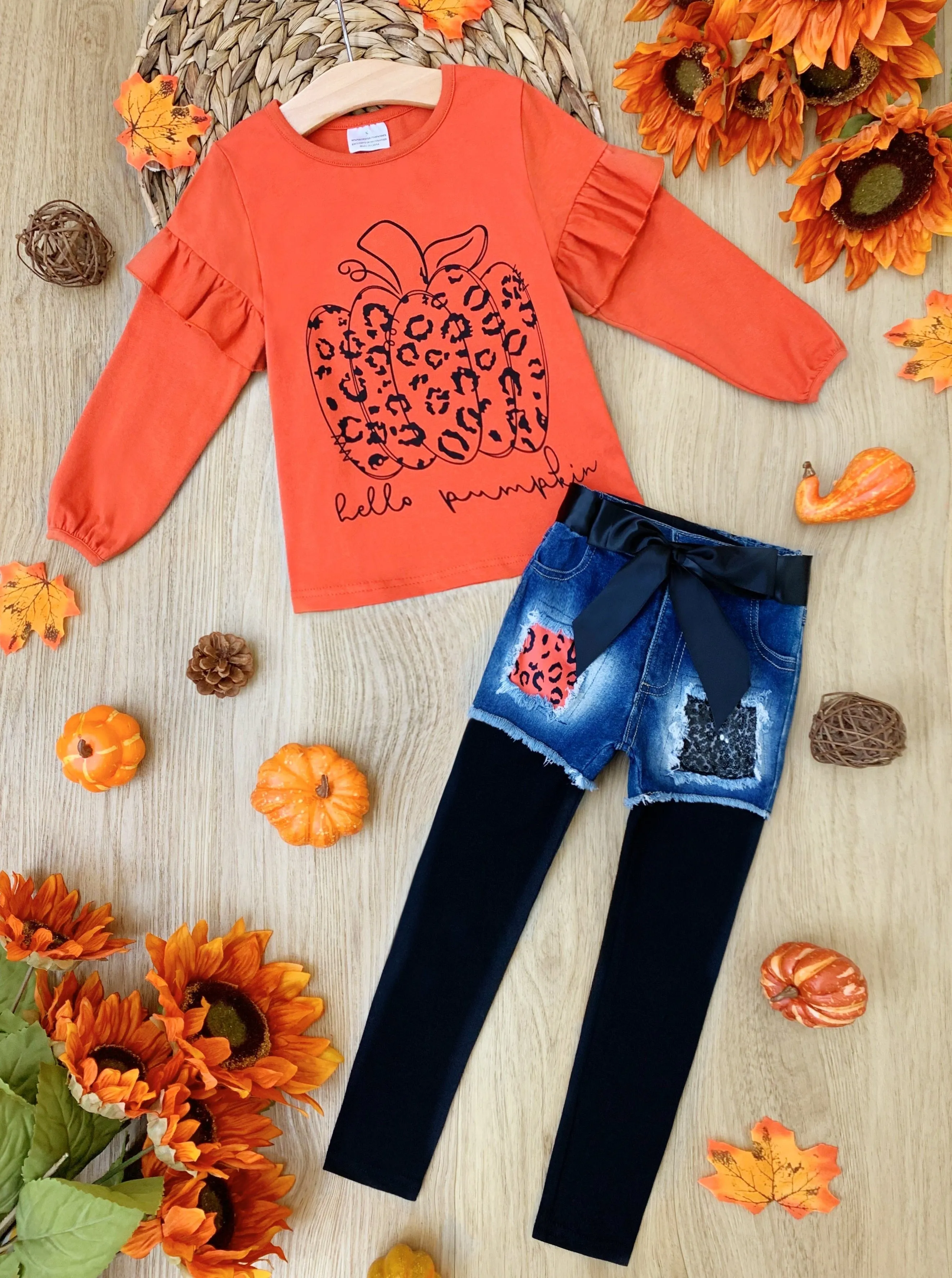 Hello Pumpkin Top, Patched Denim Shorts And Legging Set