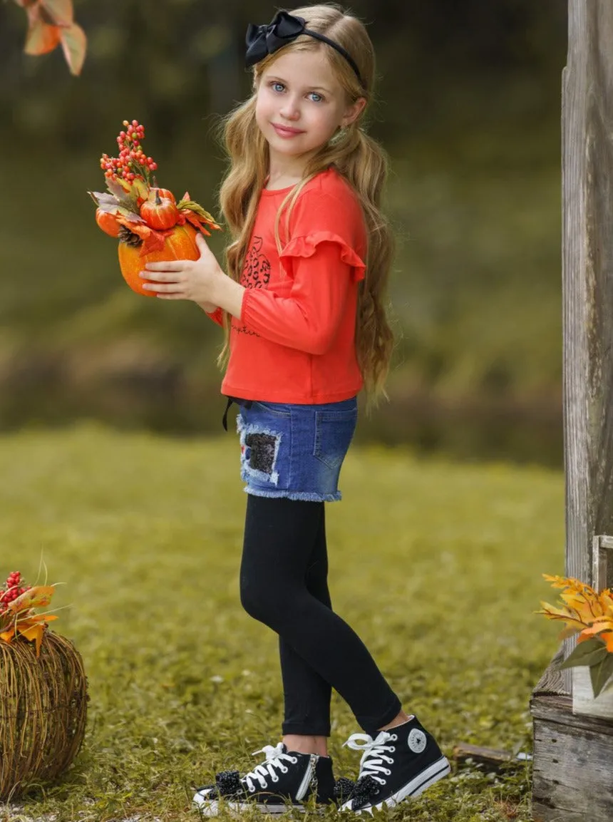 Hello Pumpkin Top, Patched Denim Shorts And Legging Set