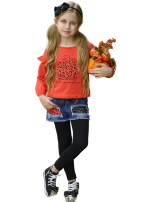 Hello Pumpkin Top, Patched Denim Shorts And Legging Set