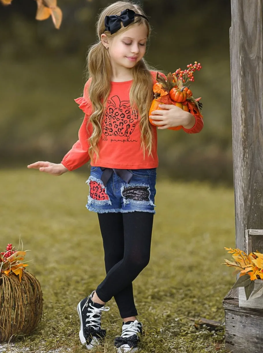 Hello Pumpkin Top, Patched Denim Shorts And Legging Set