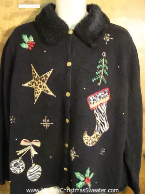 Horrible Animal Print Ugly Christmas Sweater with Furry Collar